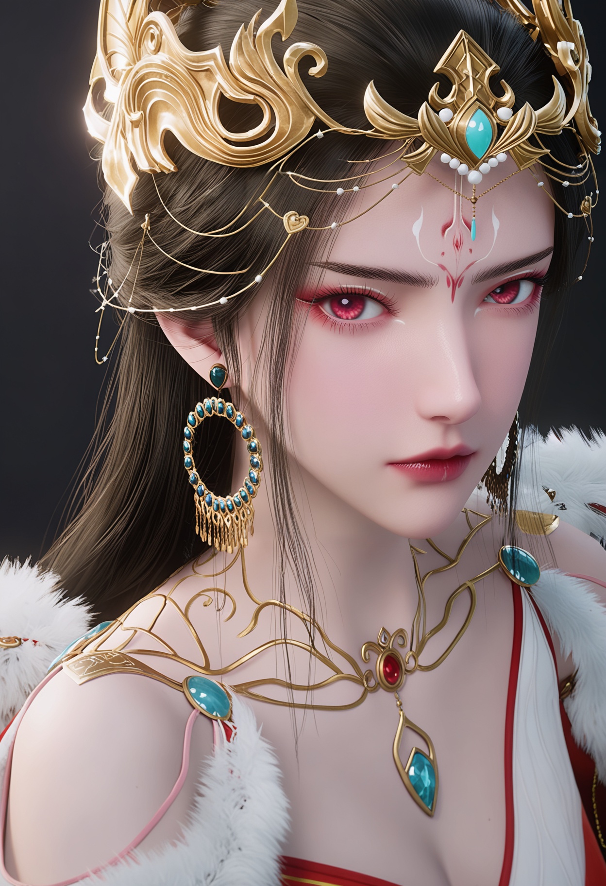 perfect_anatomy,score_9,(upper_body:1.1),looking_at_viewer,<lora:YQ_pony_hongdie_V4:0.8>,q1528437228,solo,1girl,jewelry,long_hair,earrings,hair_ornament,black_hair,dress,necklace,red_eyes,facial_mark,forehead_mark,red_dress,fur_trim,brown_hair,bare_shoulders,perfect_anatomy BREAK perfect_anatomy,simple background,black background,(shiny_skin),(Ivory_skin:1.1),(cinematic lighting),