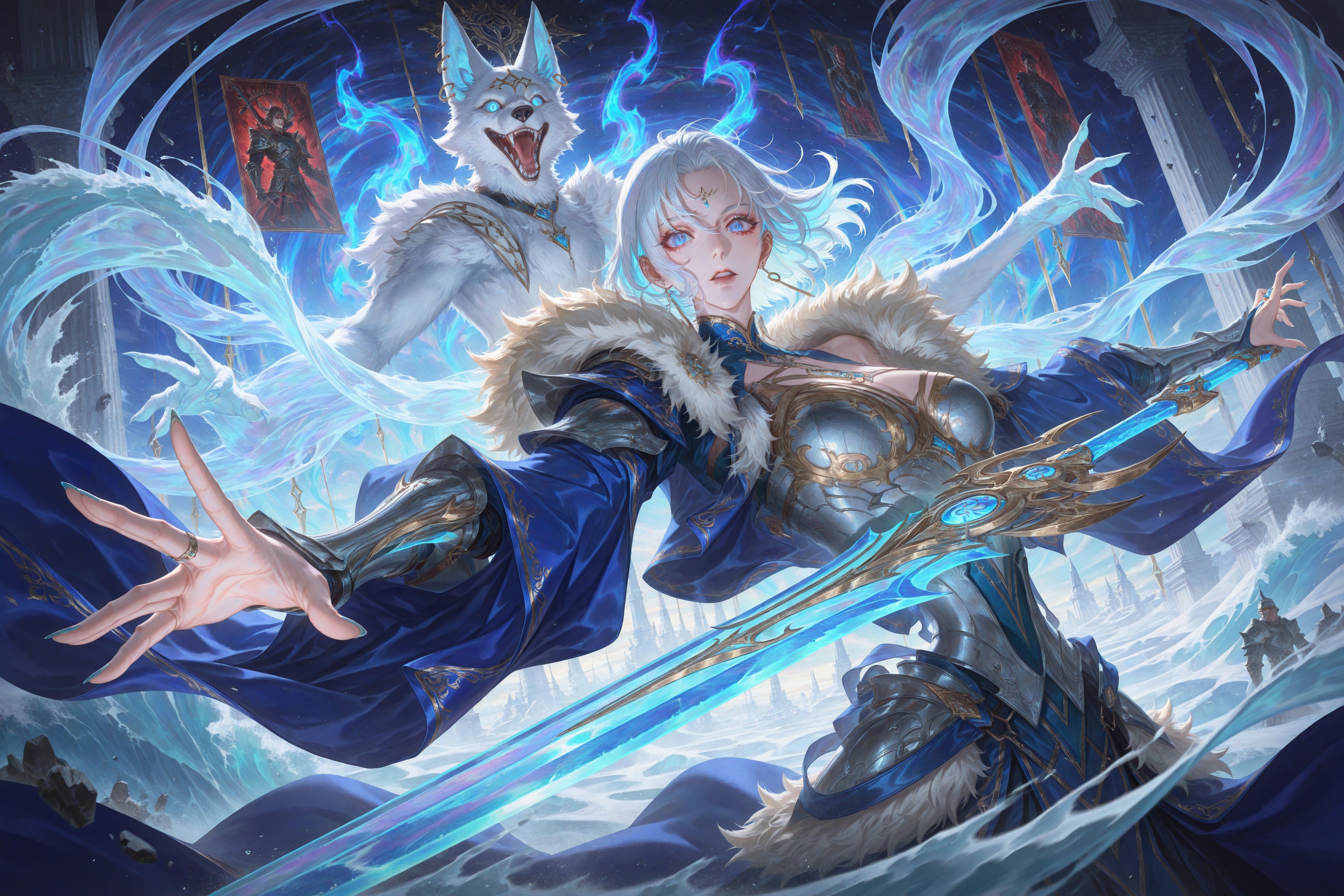 (artist:quasarcake:0.8),extreme aesthetic,(wlop:0.6),honjou honjou raita,lack,rella,wanke,raita,masterpiece,best quality,good quality,newest,year 2024,year 2023,very aesthetic,absurdres,Visual impact,A shot with tension,ultra-high resolution,32K UHD,sharp focus,best-quality,masterpiece,Emotionalization,unconventional supreme masterpiece,masterful details,temperate atmosphere,with a high-end texture,in  the style of fashion photography,(Visual impact:1.2),giving the poster a dynamic and visually striking appearance,impactful picture,offcial art,movie perspective,masterpiece,best quality,amazing quality,very aesthetic,absurdres,best quality,newest,dynamic_angle,cinematic_angle,close-up,face_focus,upper_body,dutch angle,sanguosha,This digital fantasy artwork depicts a muscular,pale-skinned man with flowing white hair and piercing blue eyes,clad in ornate,armored attire with fur trim. He wields a glowing,ornate sword,casting a mystical aura. Surrounding him are swirling waves and ethereal lights,with shadowy,menacing figures lurking in the background. The scene is dynamic,with a mix of cool blues and vibrant highlights,suggesting a battle or intense moment of magic.,<lora:sanguosha-000010:0.35>,<lora:zhongguoduliu-v3-illustrious:0.6>,<lora:L0LSPL4SH_IllustriousXLv01:0.3>,<lora:add-detail-xl:0.6>,<lora:USNR STYLE_XL_loha:0.3>,