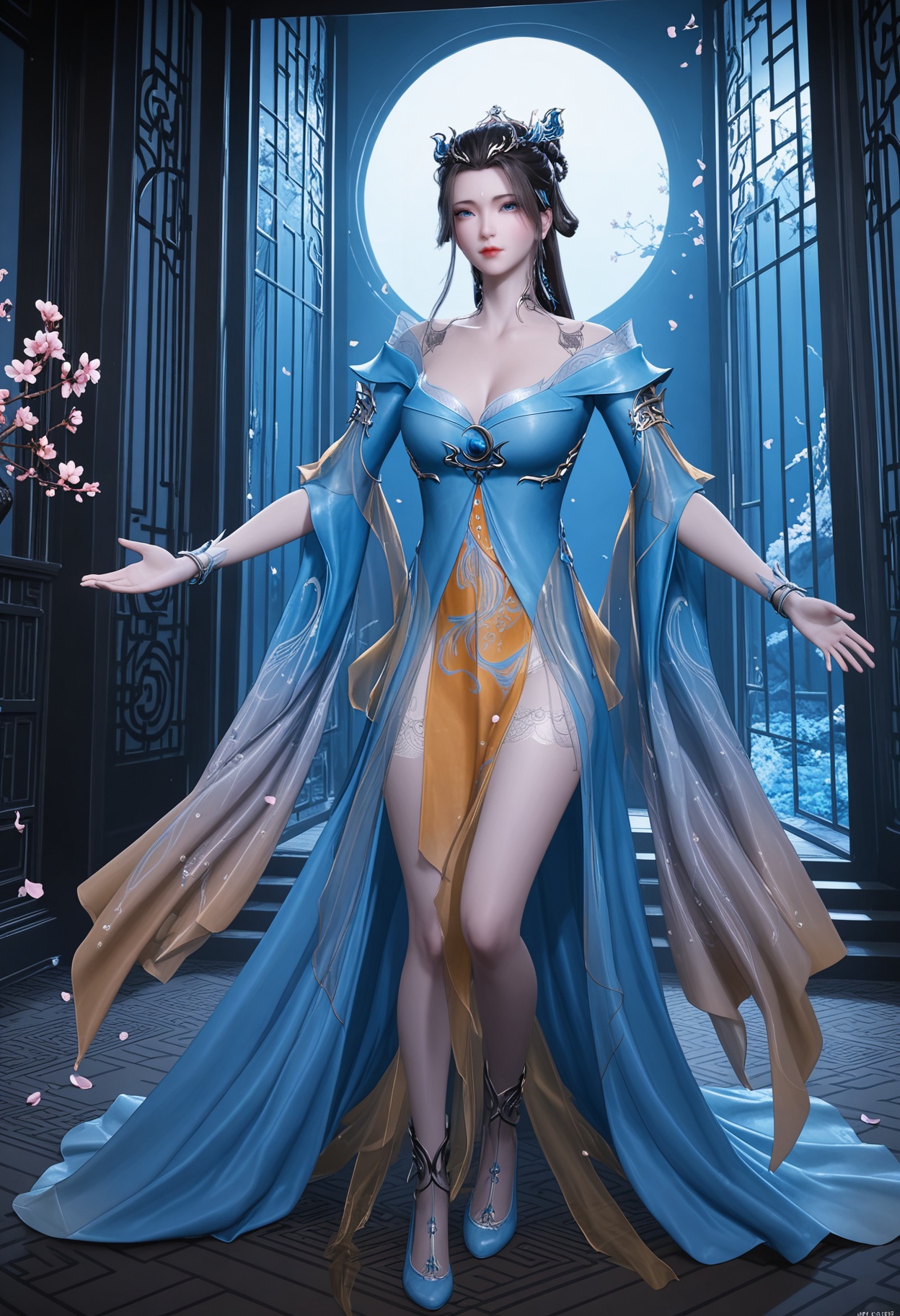 (full_body:1.2),(gigantic breasts:0.7),(looking at viewer:1.1),facing viewer,direct gaze,(masterpiece:1.1),(best quality:1.2),(intricate details),(smog:1.3),(Dark room:1.3),(dim lighting:1.3),peach blossom,falling petals,<lora:YQ_Illustrious光辉v5_侯烟岚_V1:0.8>,1girl,q1528437228,solo,long hair,hair ornament,dress,black hair,jewelry,blue eyes,hair rings,hair bun,earrings,forehead mark,brown hair,bracelet,masterpiece,(best quality),(intricate details:0.9) BREAK (intricate details:0.9),(realistic skin:1.2),masterpiece,best quality,newest,absurdres,hiahres,