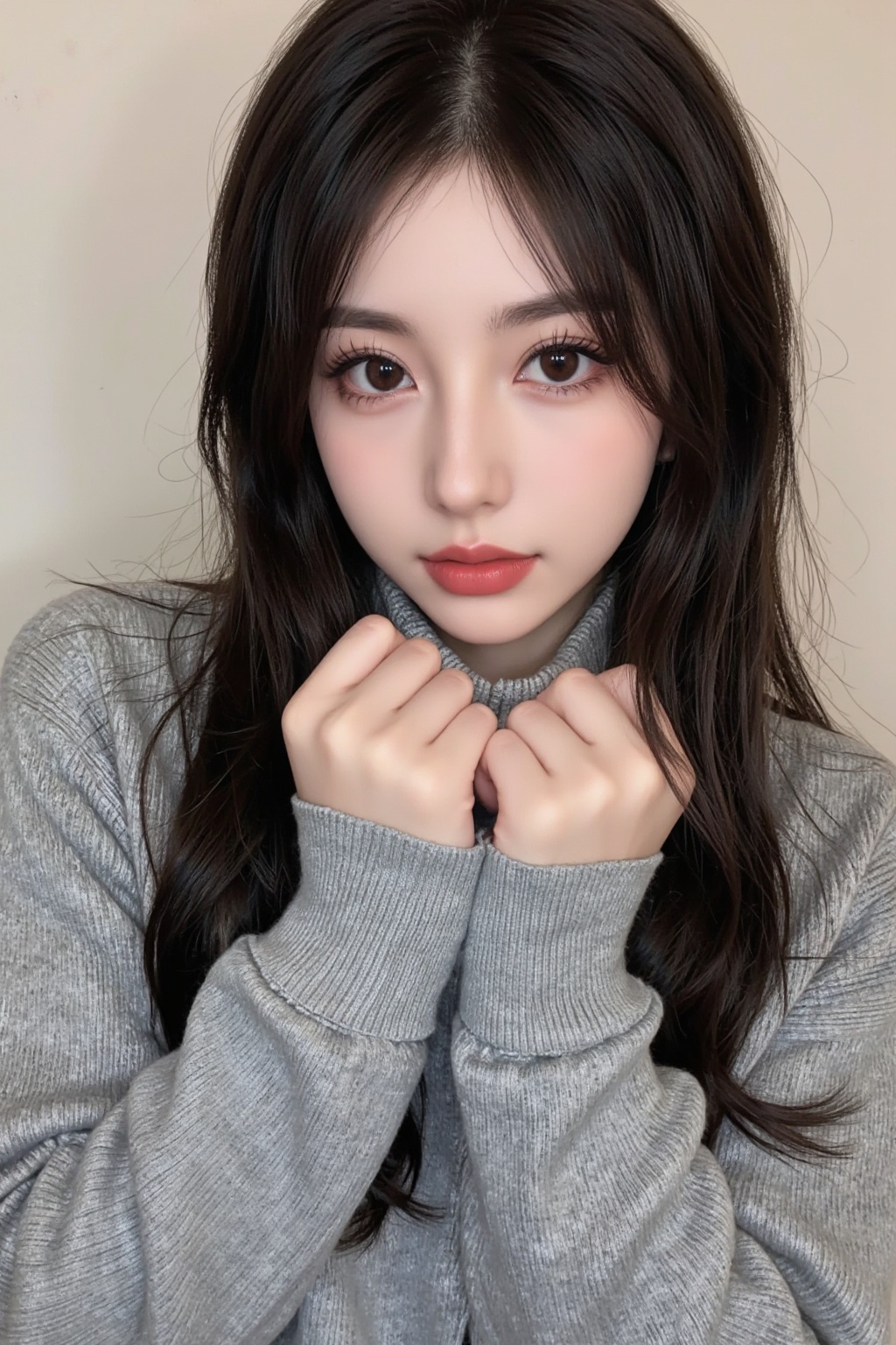 a young woman,,wearing a grey sweater and has her hands placed on her chest,with her fingers gently pinching the collar. Her hair is black,falling in loose waves,and her eyes appear large with long lashes,adorned with subtle eye shadow and lipstick. There is a touch of pink blush on her cheeks,giving her an overall impression of gentleness and cuteness.,