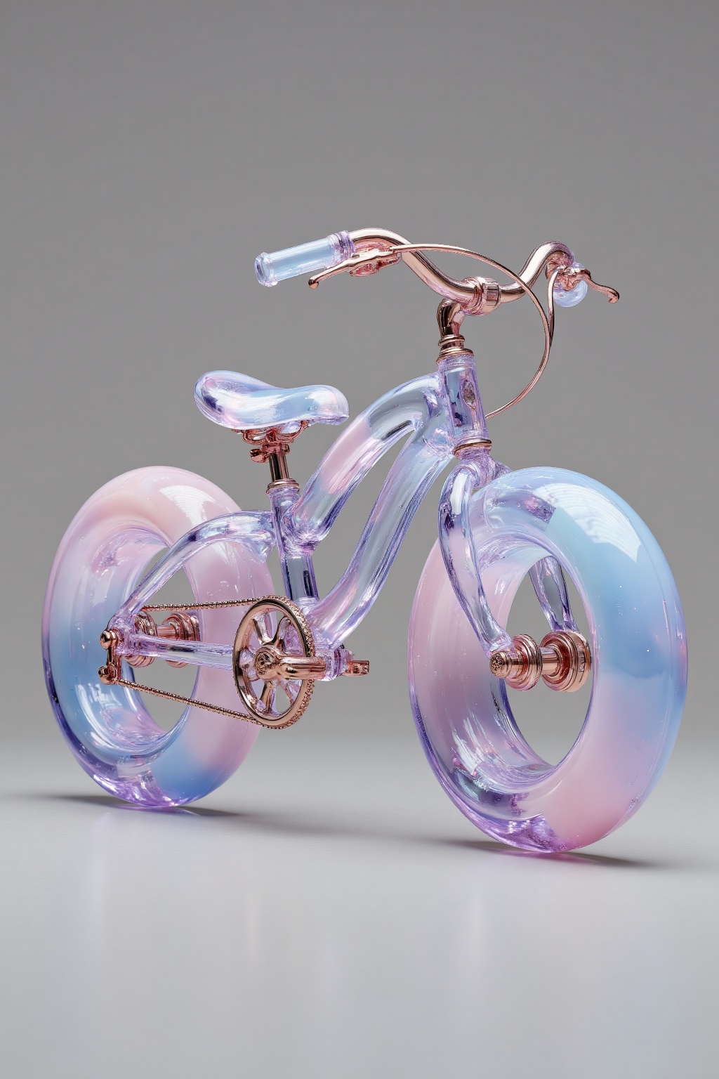 beijihui,Captured from a low-angle perspective on a gray backdrop, a clear glass bicycle is adorned with gold accents. The bicycle's front wheel is encased in a transparent transparent glass, while the rear wheel is adorned in a light pink hue. The handlebars are adorned with a gold chain, adding a touch of sparkle to the scene. The backdrop is a soft gray, provide a stark contrast to the bicycle.
