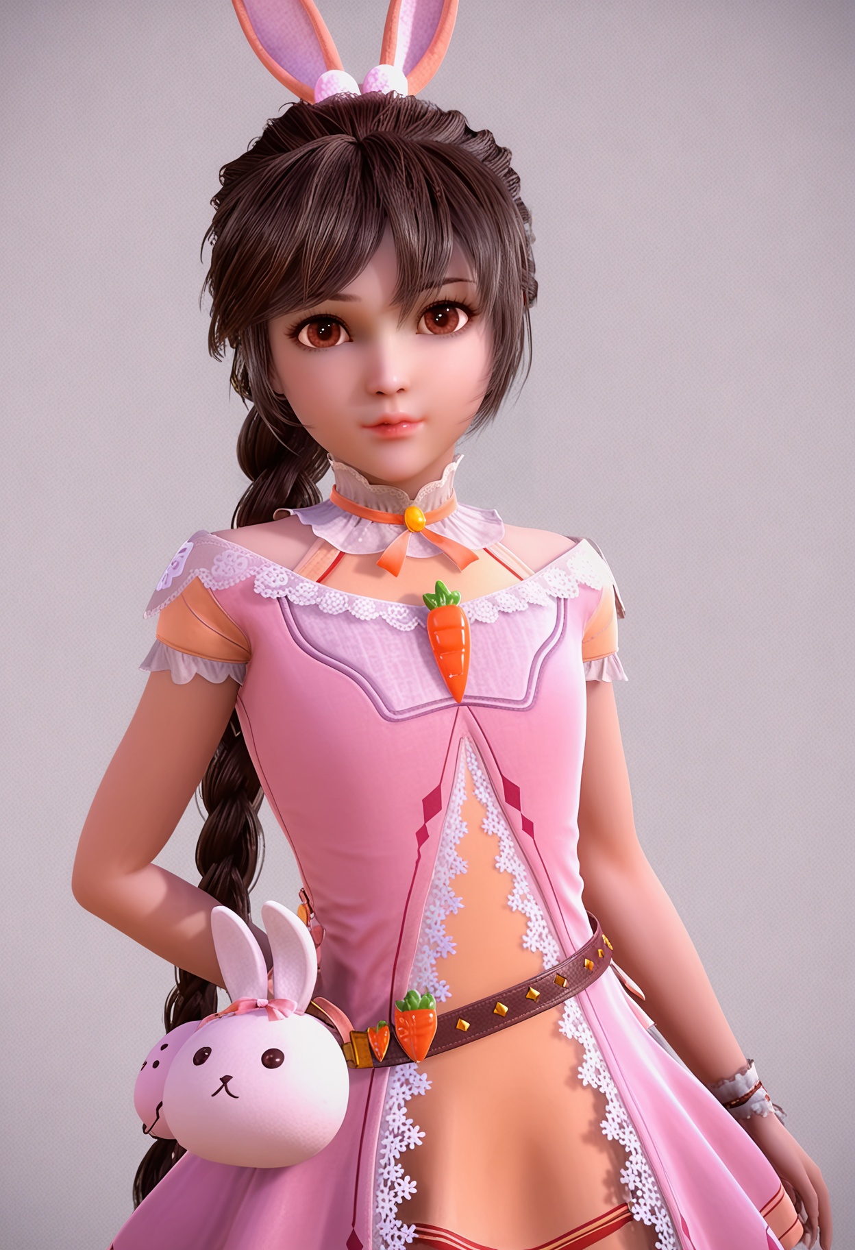 score_9,high detail,best quality,shiny skin,shiny,xiaowuyn,1girl,solo,brown eyes,dress,rabbit ears,single braid,pink dress,white background,brown hair,belt,carrot,long hair,breasts,choker,jewelry,realistic,hair ornament,bag,simple background,looking_at_viewer,cowboy shot,<lora:QQSponyxiaowuynV1:0.8>,<lora:Pony_DetailV2.0:0.8>,<lora:皮肤凹痕:0.1>,