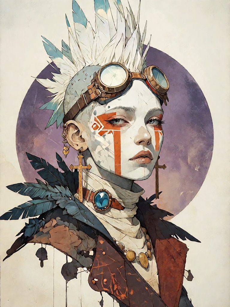 Bradhamel art style. A portrait of a woman with a shaved head adorned with a tall,  spiky feather mohawk in white and ligh...