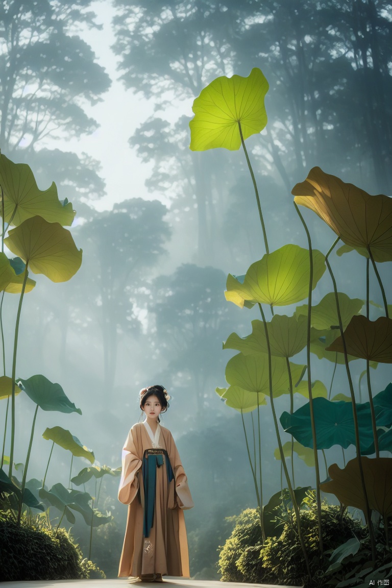 Serene Hanfu-clad beauty stands tall against lush Lotus Leaf Background, flowing skirt and long sleeves billowing in gentle breeze. Lush lotus leaves stretch towards sky in distance. Wide shot captures striking figure amidst serene landscape, leafy scenery subtly emphasizing elegance.YT lotus leaf<lora:EMS-383583-EMS:0.800000>