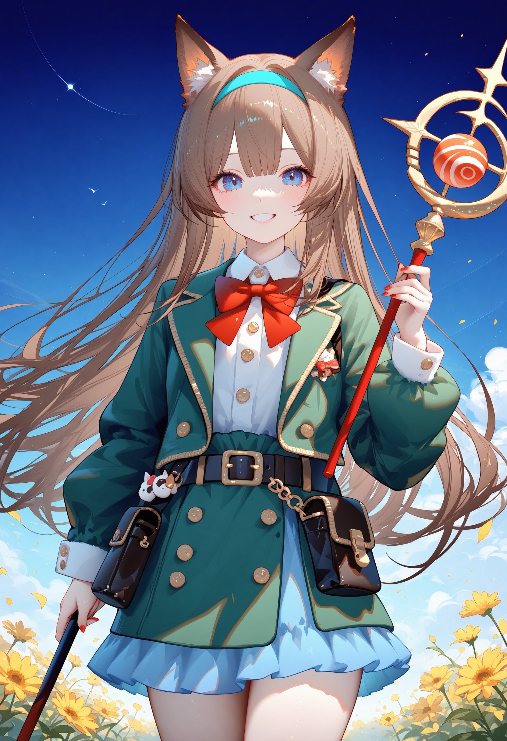 1girl, solo, dog ears, animal ears, smile, long hair, jacket, holding, looking at viewer, dog girl, open clothes, cowboy shot, bow, hairband, pouch, staff, long sleeves, open jacket, green jacket, brown hair, holding staff, dress, candy, food, belt, blue eyes,BREAK fine fabric emphasis,best quality,masterpiece,best quality,amazing quality,very aesthetic,absurdres,best quality,amazing quality,very aesthetic,absurdres,Highly detailed,best quality,masterpiece,Highly detailed,<lora:珊瑚鲨XL:1>,