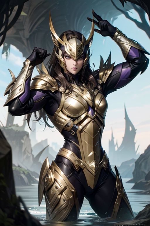<lora:Hxarmour_00703:0.7>,Playing with Hair,hxarmour,1[girl|man],(purple armour:1.3),Marsh Manta Ray,Stalactite,Turret,Cave Pool,