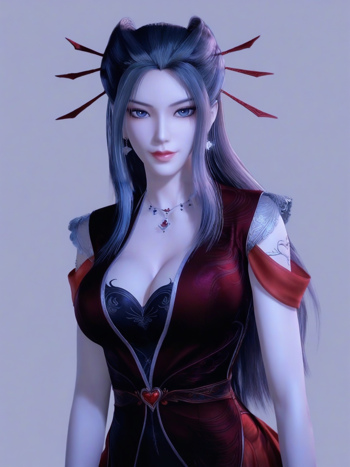 score_9,1girl,solo,dress,long hair,standing,earrings,hair ornament, eyelashes, large breasts, standing,lipstick,cowboy shot, looking at viewer,simple background,<lora:SF_YanLingJiRedClothes_Pony_Realism2.3-000004:0.7>,