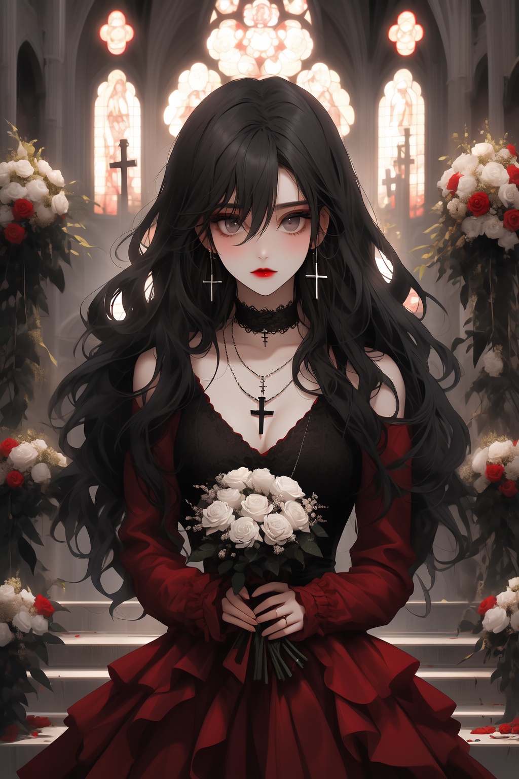 ShenMi, 1girl, black hair, jewelry, flower, cross, earrings, long hair, holding, bouquet, looking at viewer, white flower, rose, necklace, white rose, holding bouquet, dress, black dress, grey eyes, red lips, solo focus, graveyard, outdoors, church, hair between eyes, holding flower, makeup, tombstone, cross necklace, solo, long sleeves, gothic style <lora:ShenMi7:0.8>