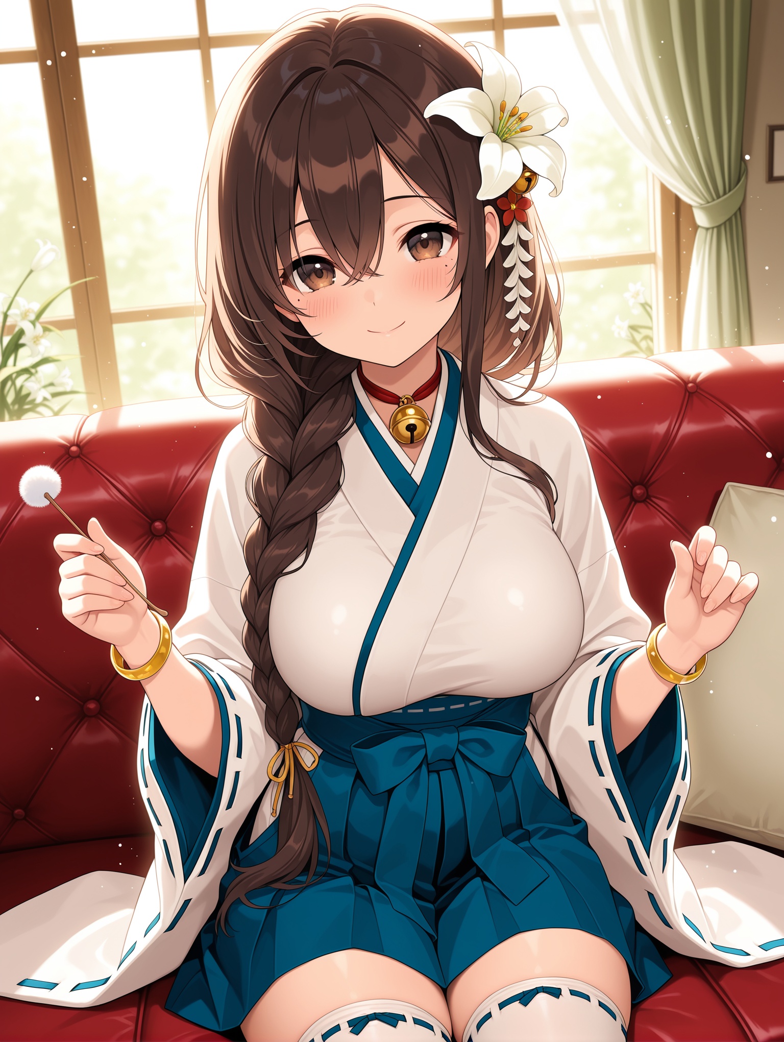 1girl, mole, mole under eye, brown hair, breasts, flower, hair ornament, hair flower, solo, large breasts, japanese clothes, single braid, sitting, mimikaki, thighhighs, long hair, braid, ribbon-trimmed legwear, brown eyes, skirt, bracelet, wide sleeves, window, smile, hakama short skirt, hair over shoulder, indoors, bell, lily \(flower\), hakama, hakama skirt, white thighhighs, ribbon trim, bangs, hair between eyes, looking at viewer, jewelry, curtains, couch, jingle bell, closed mouth, long sleeves, bangle, blush, day, blue skirt, holding, ribbon-trimmed sleeves, kimono, white flower, light particles, neck bell, very long hair,,masterpiece,best quality,amazing quality,