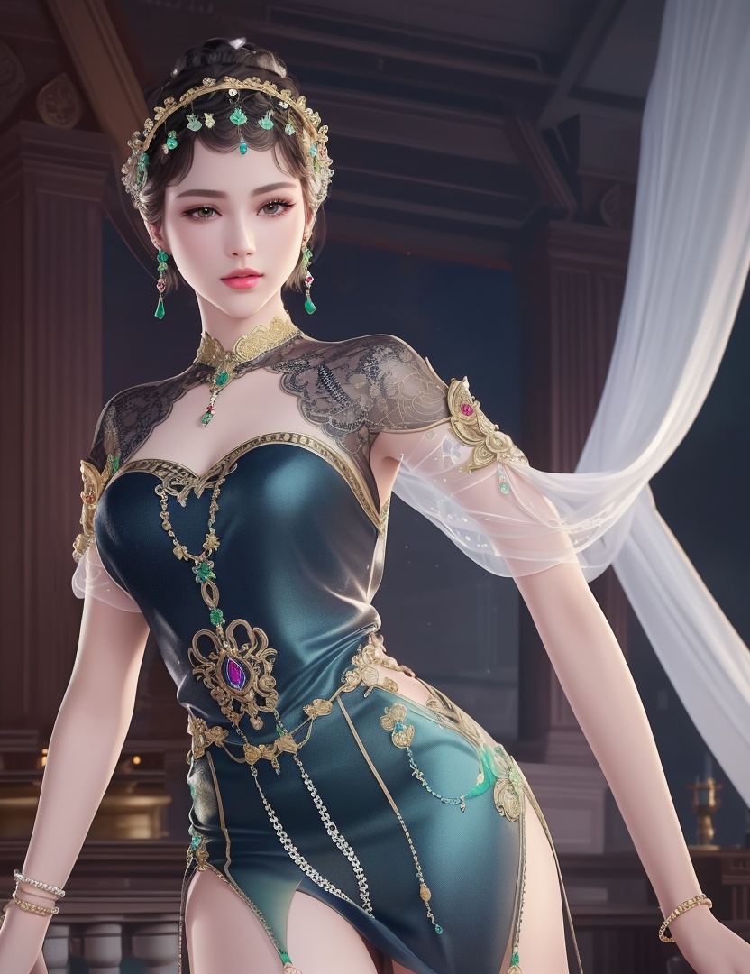 ultra realistic 8k cg, picture-perfect face, flawless, clean, masterpiece, professional artwork, famous artwork, cinematic lighting, cinematic bloom, perfect face, beautiful face, fantasy, dreamlike, unreal, science fiction,  beautiful clothes, lace, lace trim, lace-trimmed legwear,  (rich:1.4), prestige, luxury, jewelry, diamond, gold, pearl, gem, sapphire, ruby, emerald, intricate detail, delicate pattern, charming, alluring, seductive, erotic, enchanting, hair ornament, necklace, earrings, bracelet, armlet,halo((,1girl, pov,))(((,  1girl,  solo,looking at viewer, ))),(((1girl, solo, dress, jewelry)))<lora:DA_WhiteSnakeGreenSnake:0.7>