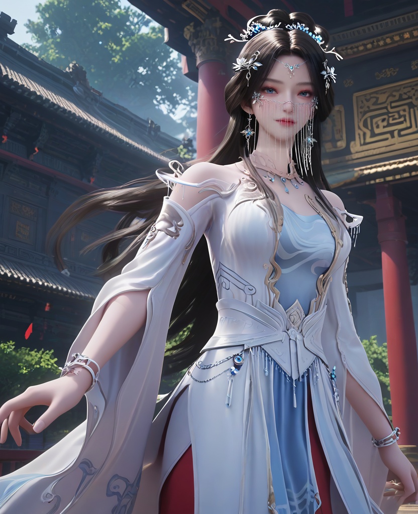 (oriental architecture, elegant decor, sophisticated style:1.1),(in a red shorts jumps in the air,holding a ball in her hand and shooting it towards the hoop:1.1),(breasts:1.2),<lora:XL16遮天安妙依:0.95>,miss anmiaoyi,white sheer fabric dress,light blue camisole,blue eyes,chain drop veil,forehead pendan,black hair,traditional chinese updo with long front strands,very long hair,hair ornament,jewelry,sash,light blue petticoat,, score_9,score_8_up,score_7_up,score_6_up,score_5_up,score_4_up,3d rendering,tag1,tag2, Cinematic Lighting,backlighting,