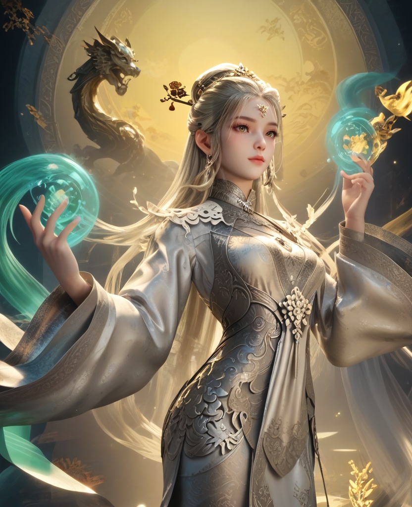 (oriental architecture, elegant decor, sophisticated style:1.1),(Tech Interaction, Interacting with a high-tech gadget or holographic display with a thoughtful expression,:1.1),(breasts:1.2),<lora:XL16牧神记神女关白骨神女:0.95>,miss shennv,solo,white gown with floral print,forehead jewelry,white hair,very long hair,traditional chinese updo with long cascading hair,hair ornament,wide flowing sleeves,sash,, score_9,score_8_up,score_7_up,score_6_up,score_5_up,score_4_up,3d rendering,tag1,tag2, Cinematic Lighting,backlighting,