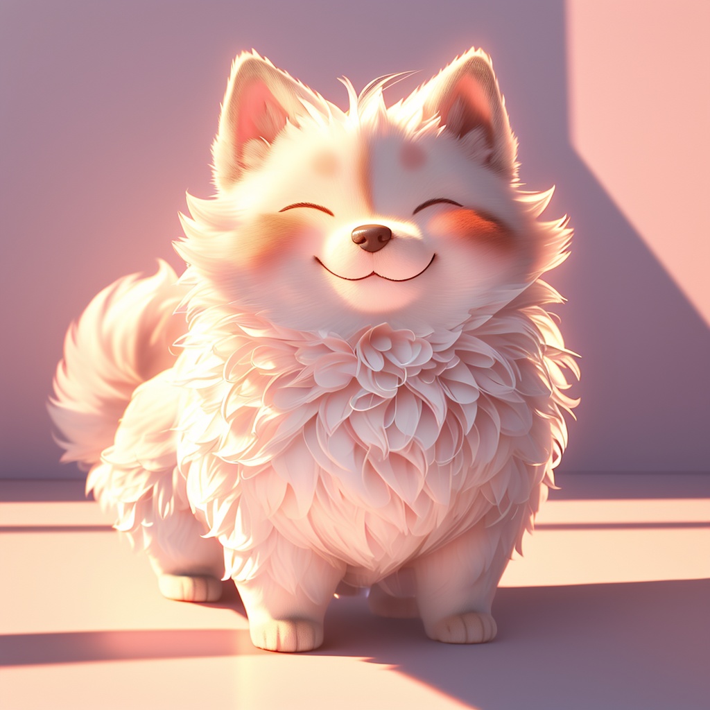 xugou,dog,fluffy,light particles,^ ^,whiskers,cute,warm colors,whimsy and dramatic lighting,white fur,soft lighting,dog focus,no humans,closed eyes,solo,smile,blush,,full body,closed mouth,standing,happy,facing viewer,simple background,shadow,<lora:xugou_v1:0.8>,