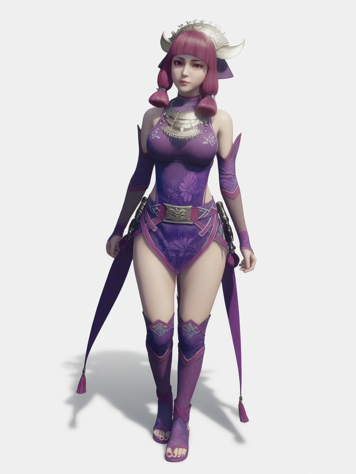 score_9,<lora:SF_ChiMeng2_Pony_Realism-000004:0.7>,1girl,solo,purple clothes,detached sleeves,bangs,pink hair,jewelry,purple eyes,belt,large breasts,hair ornament,standing,makeup,toeless boots,full body,fair_skin,white_skin,Ivory_skin,looking at viewer,white background,simple background,