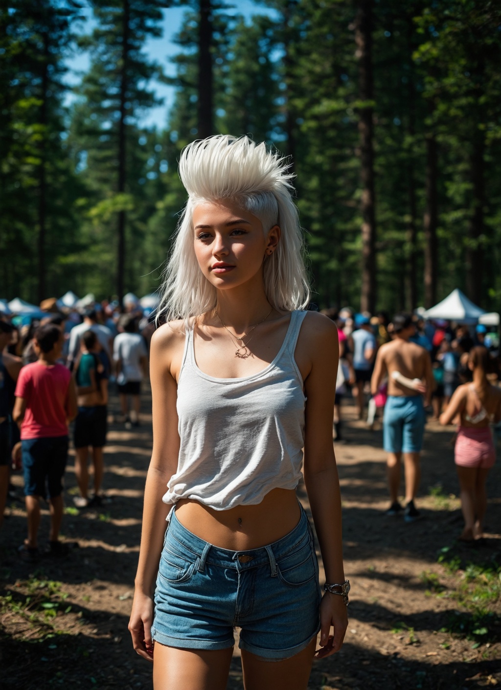 HDR photo of cinematic photo frohawk white hair young woman in casual clothes,  enchanted forest clearings full of busy pe...