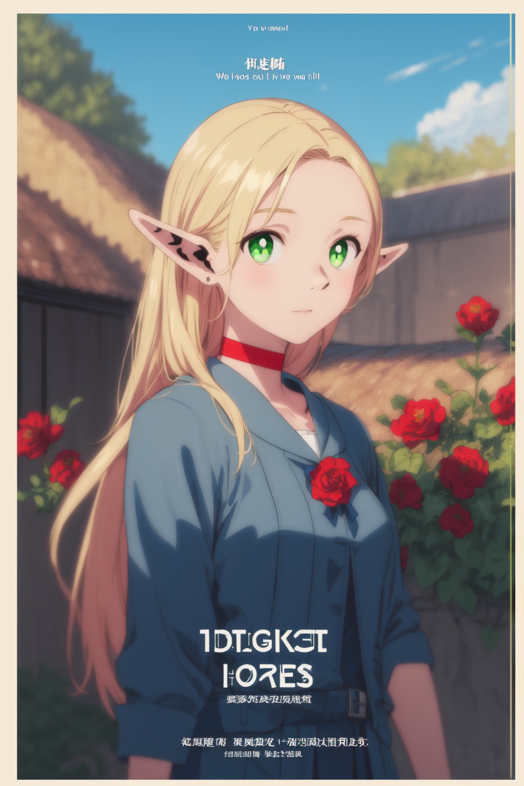 1girl,looking at viewer,solo,elf,long hair,blonde hair,pointy ears,green eyes,choker,red choker,<lora:Marcille (3):0.8>,Marcille_CYQL,(teardrop,on back,portrait,from_side:1.1),Loose linen button-up shirt, denim shorts, slides,beautiful face,beautiful eyes,glossy skin,shiny skin,Coral, Fish, Seaweed, Sunlight, Clear water, Diverse marine life, Colorful, Serenity,Climbing roses, Thatched roof cottage, Rose-covered facade, Springtime charm, English countryside, Cottage garden,beautiful detailed sky,beautiful detailed glow,(movie poster:1.2),(border:1.3),(English text:1.4),posing in front of a colorful and dynamic background,masterpiece,best quality,beautiful and aesthetic,contrapposto,female focus,fine fabric emphasis,wallpaper,fashion,intricate detail,finely detailed,fine fabric emphasis,glossy,<lora:增强减少细节add_detail:0.4>,