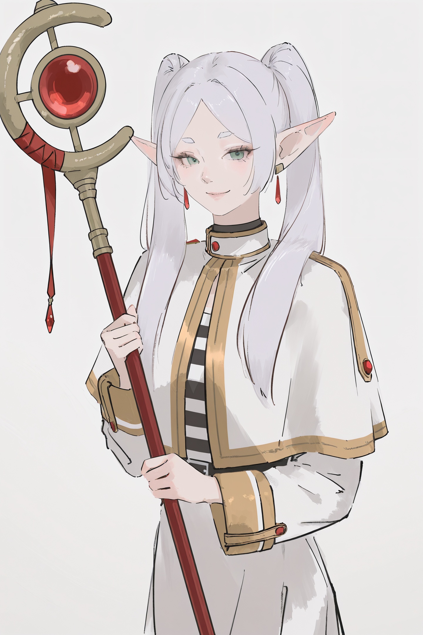 Chikitama Style,1girl,frieren,solo,pointy ears,elf,twintails,jewelry,earrings,capelet,white background,long hair,looking at viewer,staff,simple background,smile,parted bangs,long sleeves,holding staff,holding,closed mouth,dangle earrings,skirt,shirt,traditional media,sketch,<lora:Chikitama_illustriousXL:1.2>,
