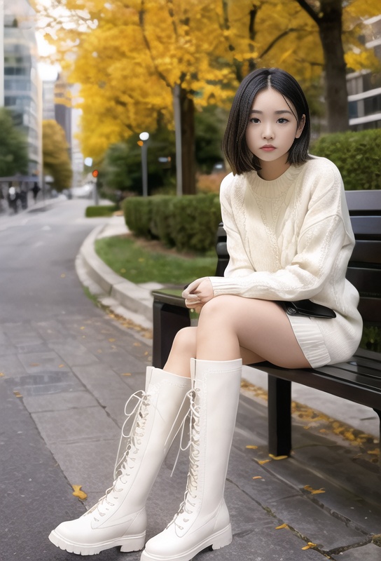 1girl, kneehigh boots,white boots,outdoors, city, street,square, sitting on bench,miniskirt,sweater,autumn,full body, <lora:kneehighboots:0.8>
