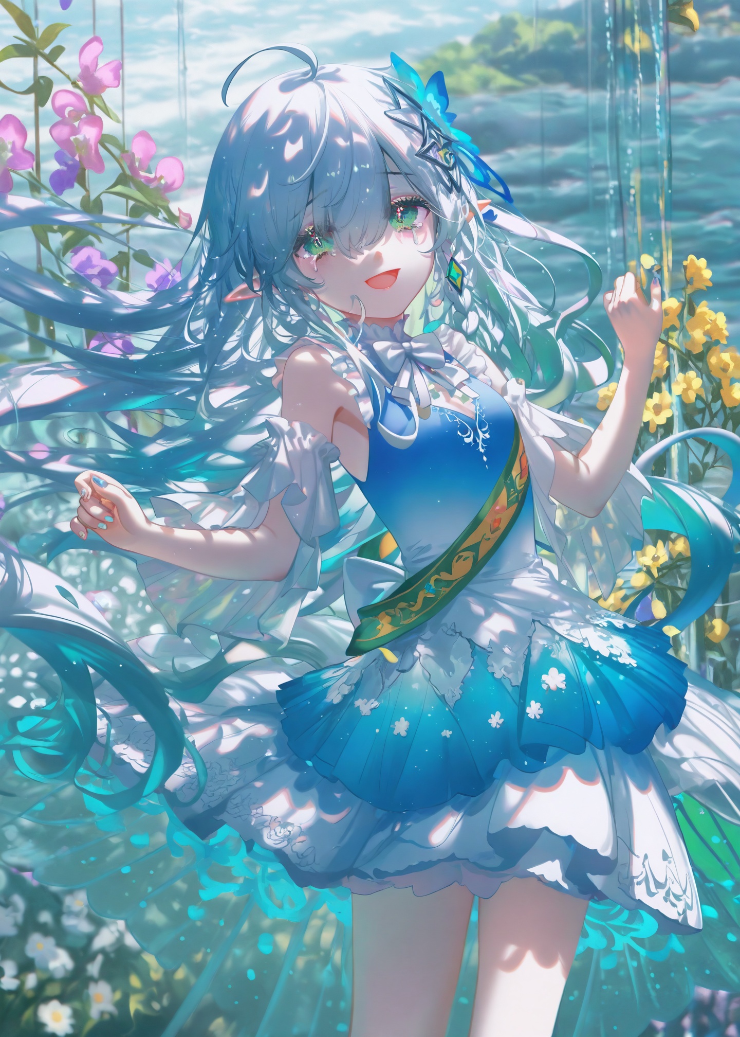 masterpiece,absurdres,best quality,petite,high quality,//,illustration,ultra detailed,hdr,Depth of field,(colorful),loli,[Artist:wlop],[[Artist:sheya]],Artist:ask \(askzy\),1girl,flower,solo,long hair,open mouth,water,dress,tears,yellow flower,crying,blue eyes,multicolored hair,smile,looking at viewer,ahoge,white dress,crying with eyes open,sleeveless,outdoors,aqua hair,hair ornament,blue hair,sleeveless dress,white flower,:d,frillswing sleeves,golden embroidery,green butterfly,braided hair,silver hair,orchid,blue-green dress,lace details,green eyes,hair vine,bow,silver nails,waist sash,bowtie,arm extended,sparkling nail polish,white lace,medium build,hair draping over eyes,spiral hair ornament,white bow,dress with cutouts,layered skirt,very long hair,purple orchid,sleeveless,fairy,:D//,<lora:konya_karasue2——【CKXL】hans:0.85>,