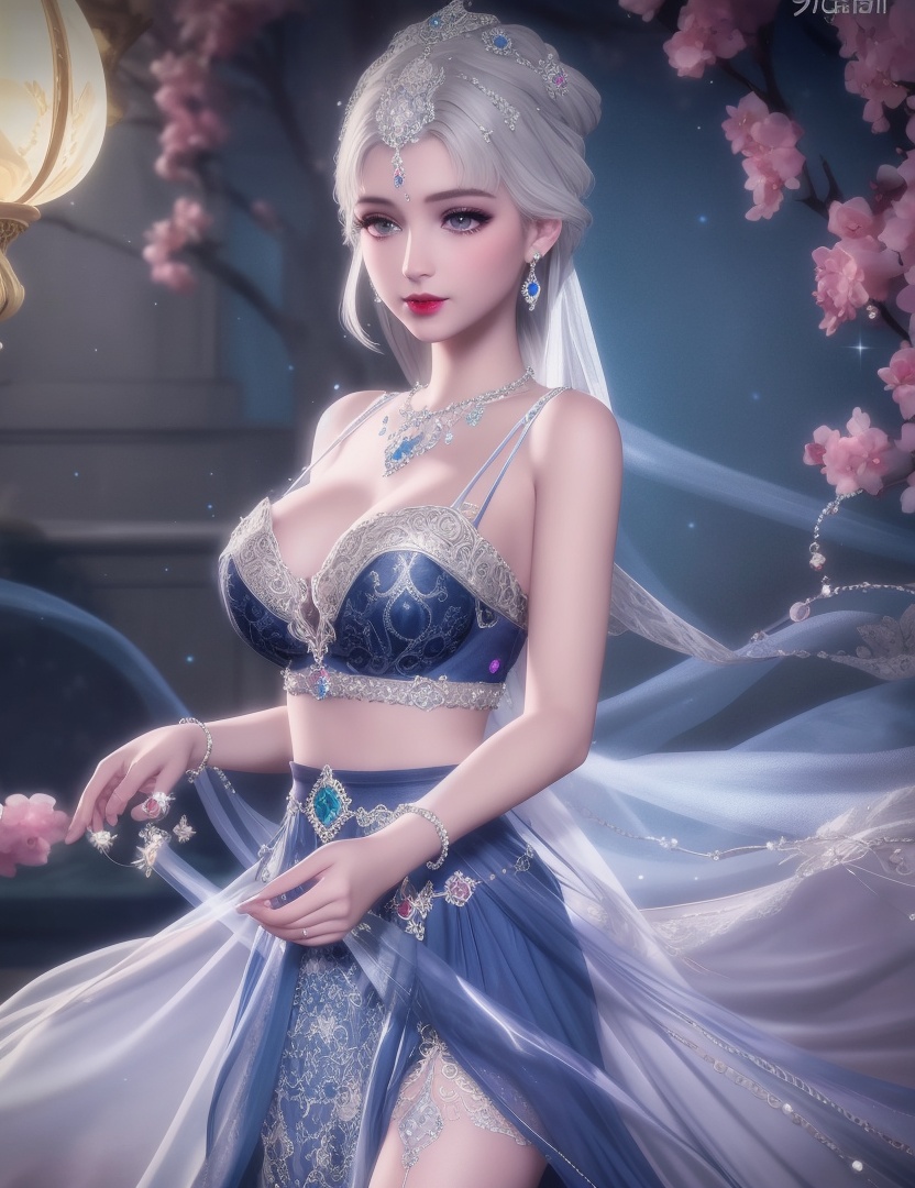 ultra realistic 8k cg, picture-perfect face, flawless, clean, masterpiece, professional artwork, famous artwork, cinematic lighting, cinematic bloom, perfect face, beautiful face, fantasy, dreamlike, unreal, science fiction, huge breasts, beautiful clothes, lace, lace trim, lace-trimmed legwear, (rich:1.4), prestige, luxury, jewelry, diamond, gold, pearl, gem, sapphire, ruby, emerald, intricate detail, delicate pattern, charming, alluring, seductive, erotic, enchanting, hair ornament, necklace, earrings, bracelet, armlet,halo ((,1girl:1.5,   solo, ))<lora:DA_NikkiChangEr2.0:0.6>