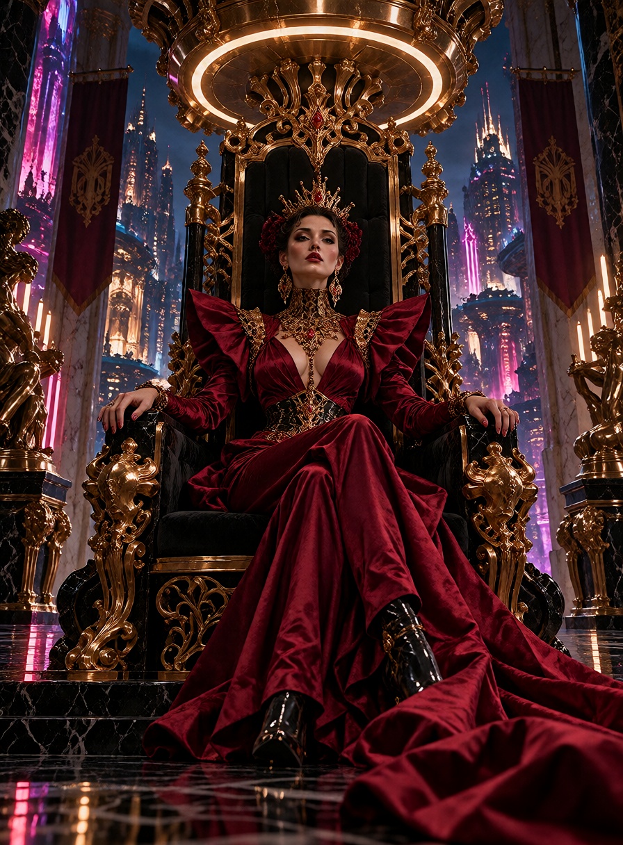 A beautiful young empress sits on an enormous black lacquer throne beneath a circular golden light installation. She wears...