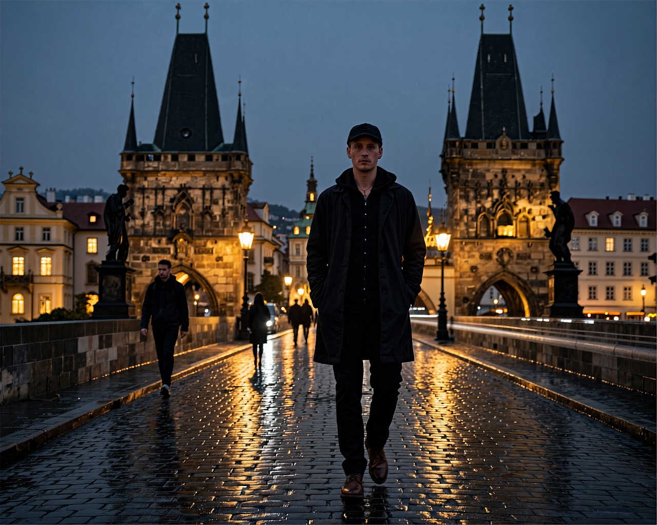 A cobblestone bridge at twilight stretches across a serene river,  flanked by historic European architecture glowing warml...