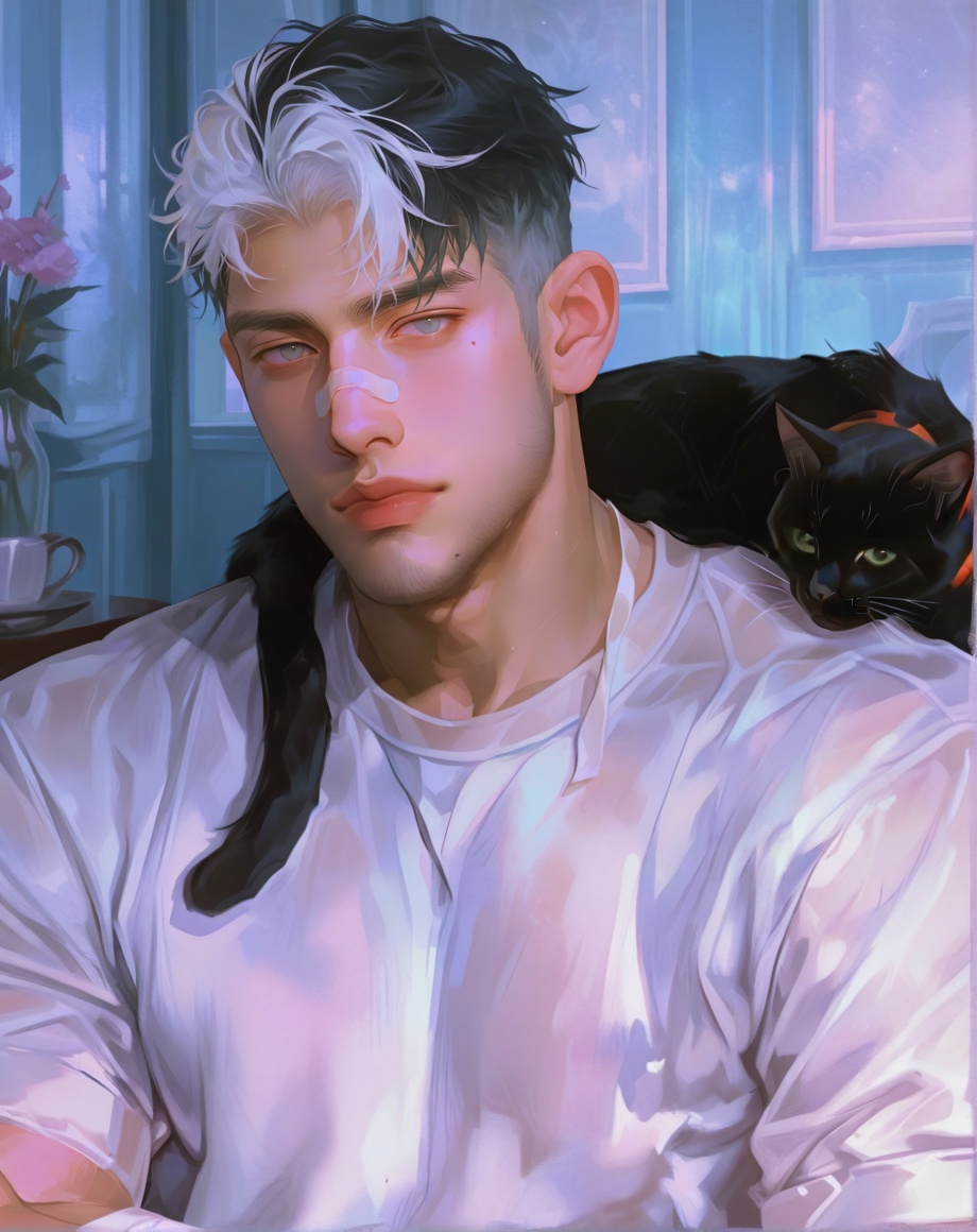male focus, solo, mature, solo, looking at viewer, short hair, shirt, black hair, 1boy, closed mouth, upper body, cat, white hair, male focus, multicolored hair, mole, two-tone hair, grey eyes, mole under eye, animal, bandages <lora:BurntSugar:1>