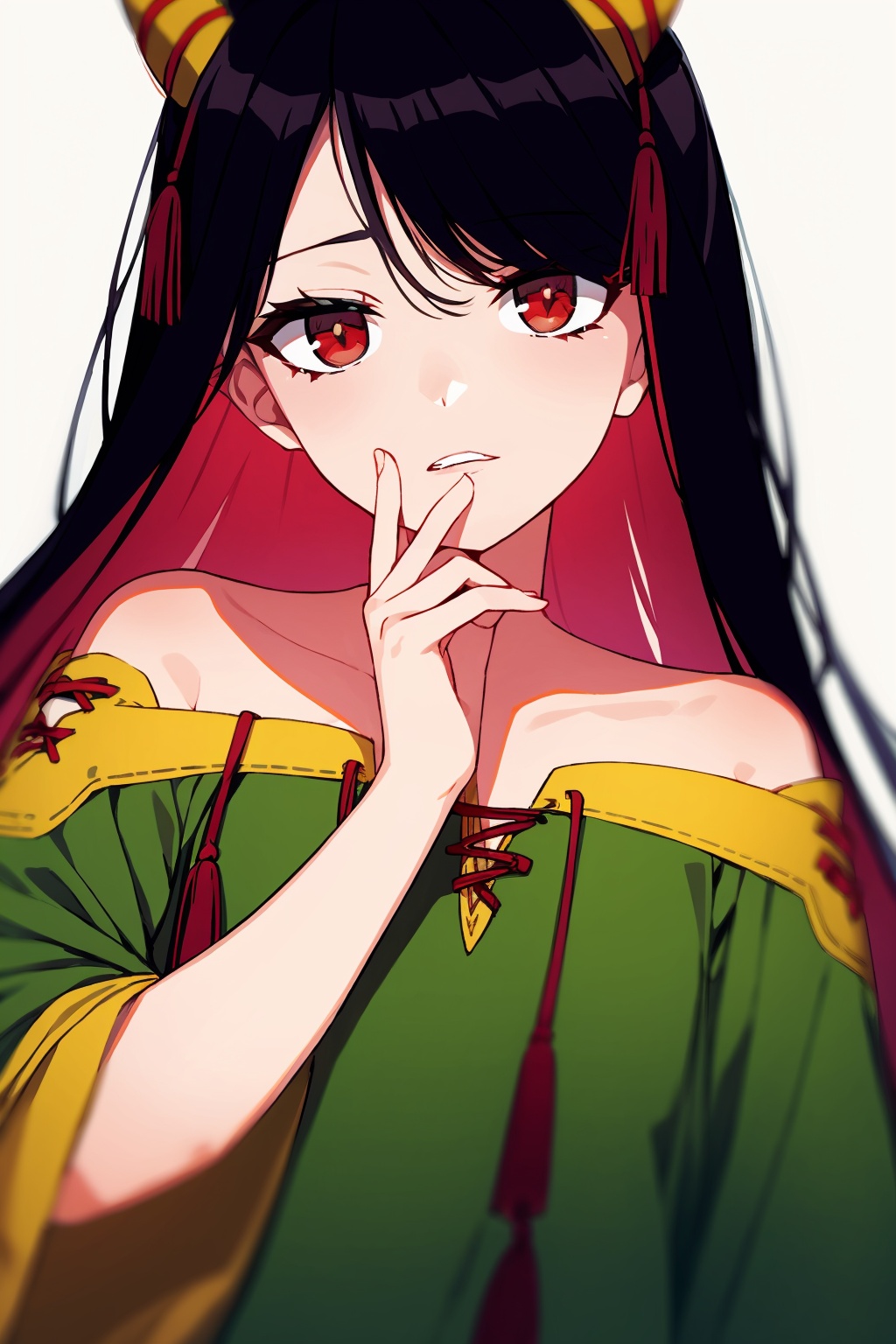 masterpiece, best quality,   <lora:NippakuZanmu:1>1girl, horns, red eyes, long hair, black hair, solo, looking at viewer, parted lips, hand on own face, upper body, off shoulder, green dress, hand on own cheek, bare shoulders, bangs, skull, tassel, multicolored hair, two-tone hair, hand up