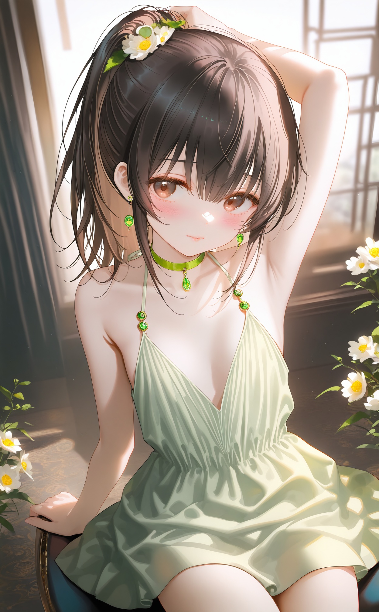 masterpiece,very aware,highres,absurdres,newest,best quality,loli,petite,high quality,chromatic_aberration,//,1girl, solo, armpits, blurry background, blurry, brown hair, dress, arm up, brown eyes, jewelry, earrings, green dress, looking at viewer, breasts, depth of field, sitting, indoors, ponytail, lips, sleeveless dress, green choker, halterneck, halter dress, flower, closed mouth, sleeveless, blush//,//,photorealistic,Artist:na-ga,(quasarcake:0.2),(wanke:0.9),[Artist:chen bin],Artist:tidsean,[Artist:sk (askzy)],(artist:tokkyu:0.5),(artist:momoko \(momopoco\):0.5),himitsu_(hi_mi_tsu_2),//,<lora:nyalia——【noob】hans:0.7>,<lora:guizhencao——【noob】hans:0.4>,<lora:shaoyan2——【noob】hans:0.6>,
