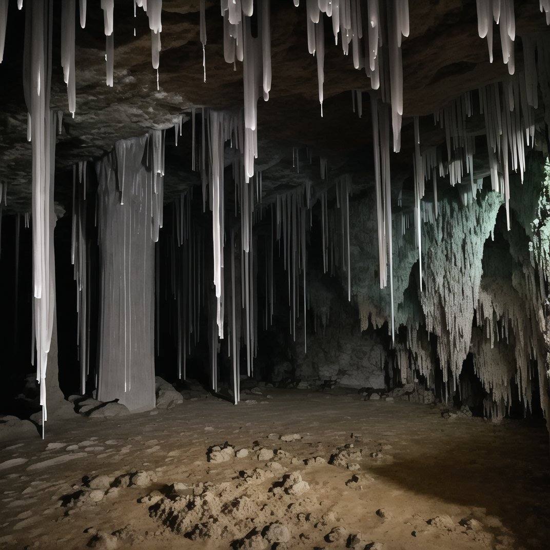 liminalspaces,  A vast underground cave,  stalactites and stalagmites reaching towards each other in a silent dance. on Te...