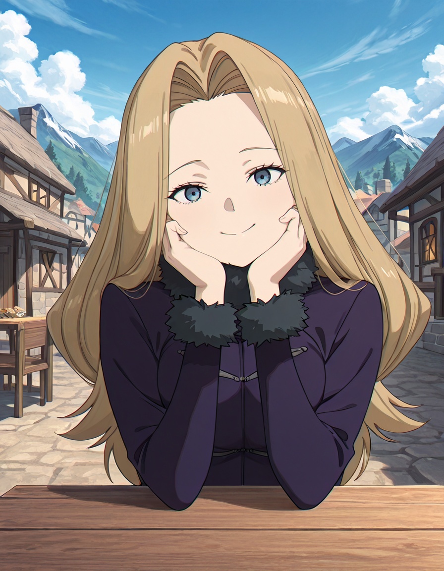 masterpiece, best quality, amazing quality, 1girl, looking at viewer, solo, outdoors, village, blue sky, table, hands on own cheeks, smile, head tilt, <lora:methode-sousou_no_frieren_s2-ixl-anime-soralz:1>, methode (sousou no frieren), long hair, blonde hair, curtained hair, blue eyes,purple jacket, fur collar, long sleeves, fur-trimmed sleeves, 