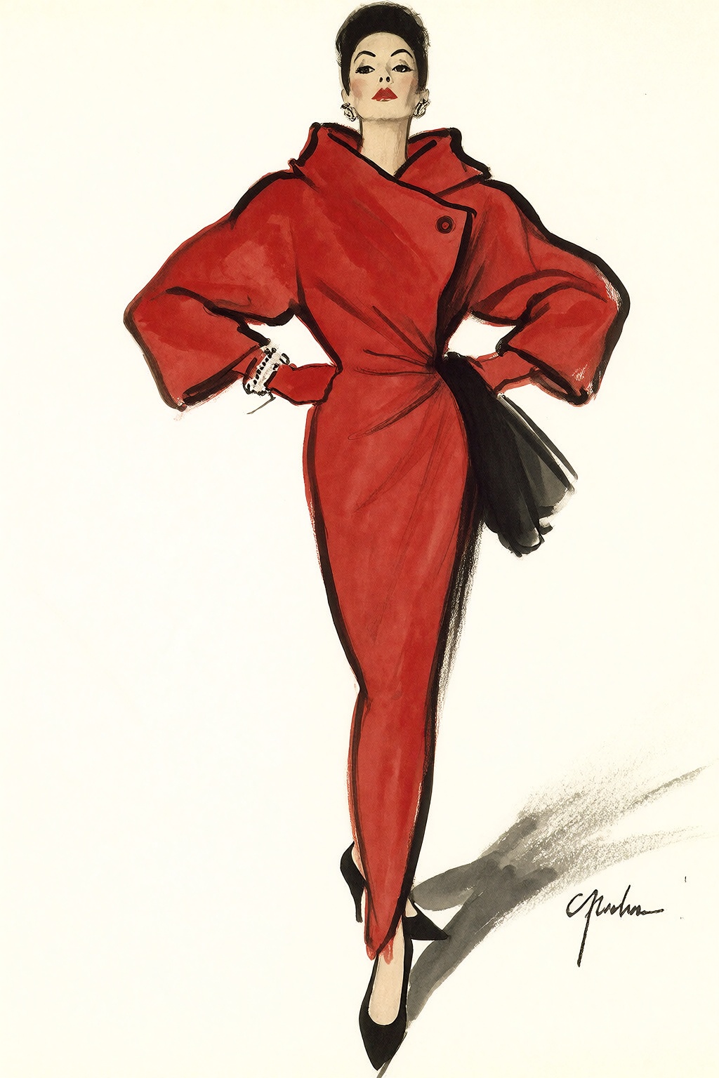 fashion illustration in the manner of René Gruau,  a sweeping mid-century Dior-style New Look gown in striking crimson red...