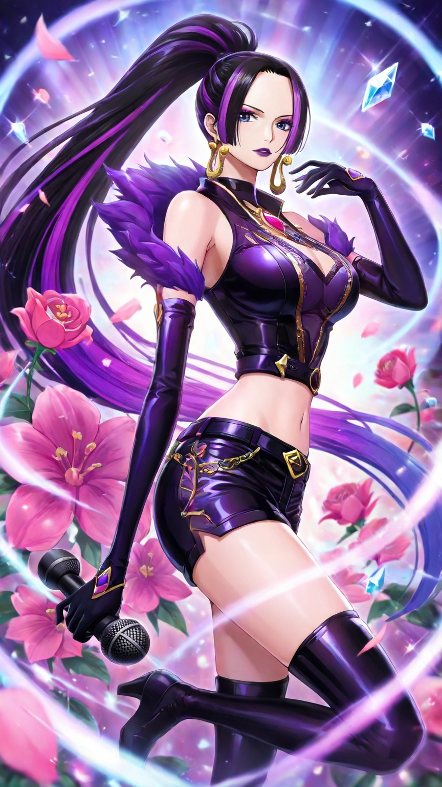 <lora:联盟女团1-000025:0.4>,lvjing,1girl,long hair,purple hair,gloves,solo,purple eyes,multicolored hair,makeup,ponytail,thighhighs,elbow gloves,jewelry,purple lips,breasts,looking at viewer,official alternate costume,earrings,two-tone hair,very long hair,eyeshadow,microphone,flower,belt,lipstick,gem,shorts,floating object,k/da \(league of legends\),high ponytail,depth of field,masterpiece,best quality,very aesthetic,alternate costume,2024,2023,perfect composition,ultra-detailed,extreme aesthetic,masterpiece,best quality,good quality,newest,year 2024,year 2023,very aesthetic,absurdres,looking_at_viewer,colorful,<lora:女帝:0.7>,boa hancock one piece,boa hancock,1girl,black hair,long hair,jewelry,earrings,blue eyes,black eyes,