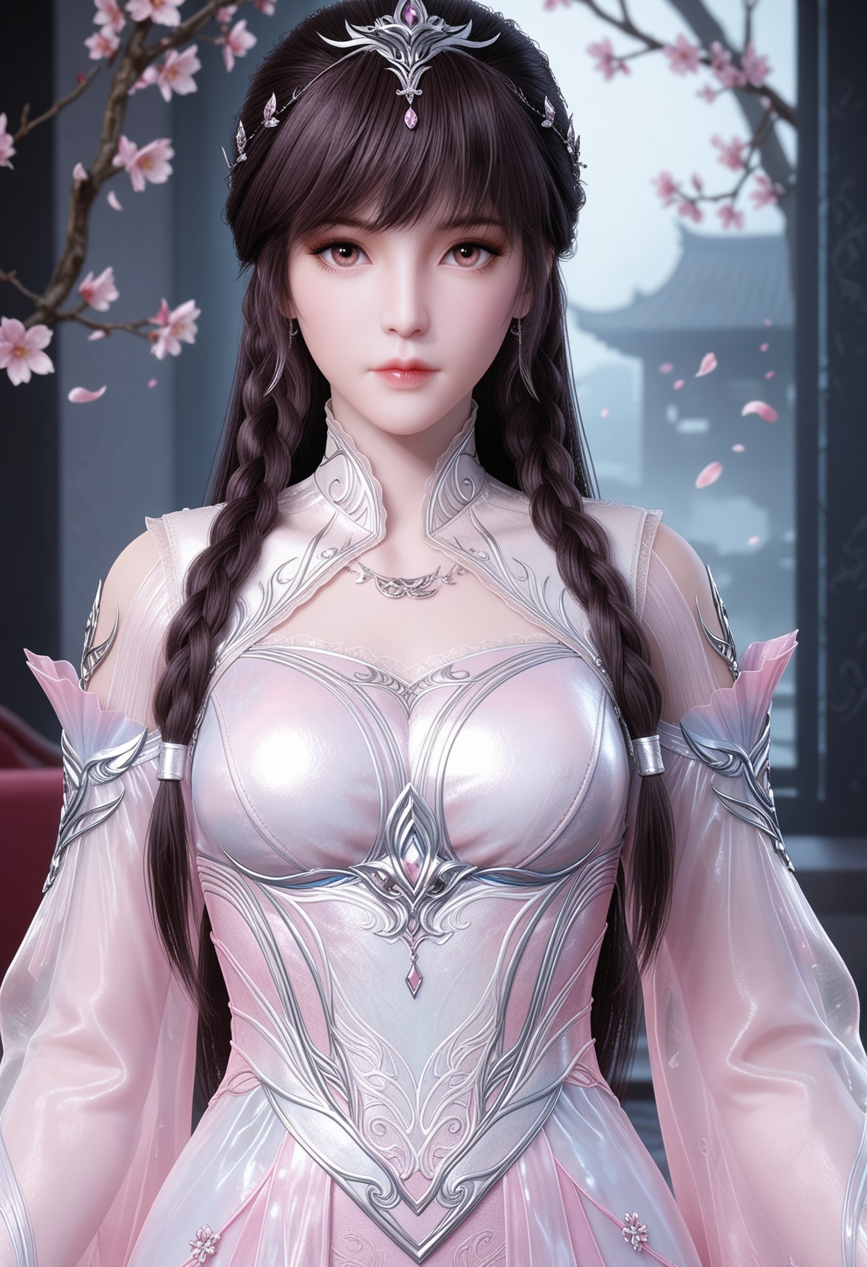 (upper_body:1.2),(looking at viewer:1.1),masterpiece,(best quality),smog,Dark room,dim lighting,peach blossom,falling petals,<lora:YQ_Illustrious光辉v5_小舞_神装1_V1:0.8>,q1528437228,1girl,solo,long hair,braid,dress,brown hair,hair ornament,white dress,jewelry,detached sleeves,pink dress,tiara,black hair,long sleeves,brown eyes,necklace,earrings,twin braids,pink eyes,collar,shoes,high heels,white footwear,