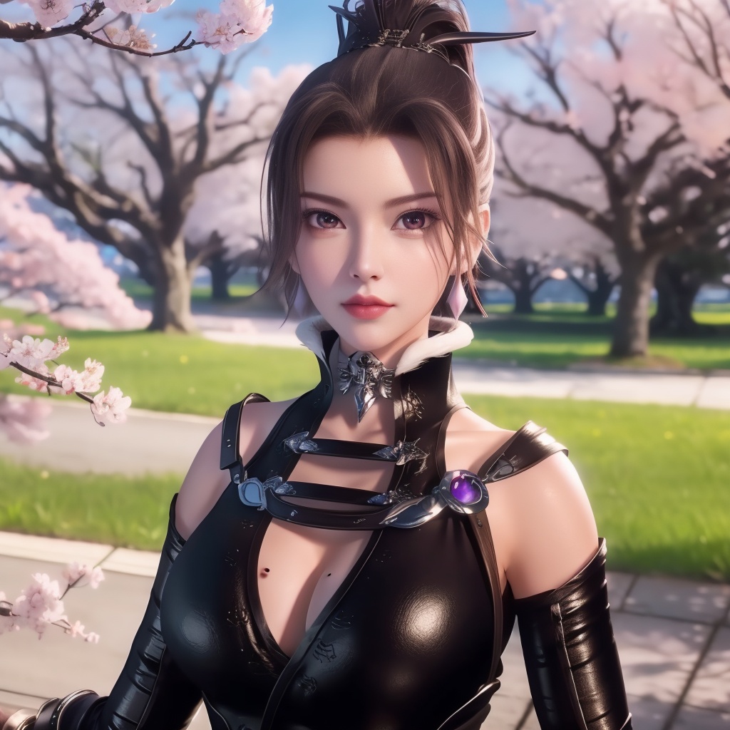 <lora:万界至尊-李雪衣-皮衣:0.8>, (,1girl, ,best quality, ),looking at viewer,  ultra realistic 8k cg,ultra detailed 8k cg,masterpiece,upper body,  (( , )),, ,science fiction,mole, ,    ,outdoors, sun,sunlight, cherry blossoms,      (cleavage),,  (),