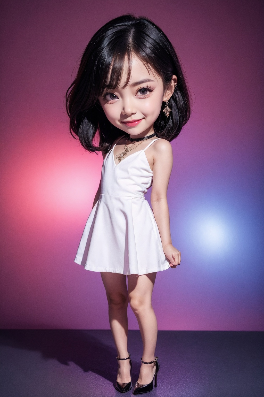 1girl, solo, chibi, black hair, dress, jewelry, black dress, photorealistic, realistic, looking at viewer, earrings, choker, black footwear, black choker, full body, high heels, black eyes, short hair, standing, child, smile, medium hair, lips, grey eyes, hand on own chest, necklace, shoes, artist name, sleeveless dress, signature, skirt hold, nose, pendant choker, bare shoulders, shadow, sleeveless, flat chest, closed mouth, see-through, eyelashes, nail polish