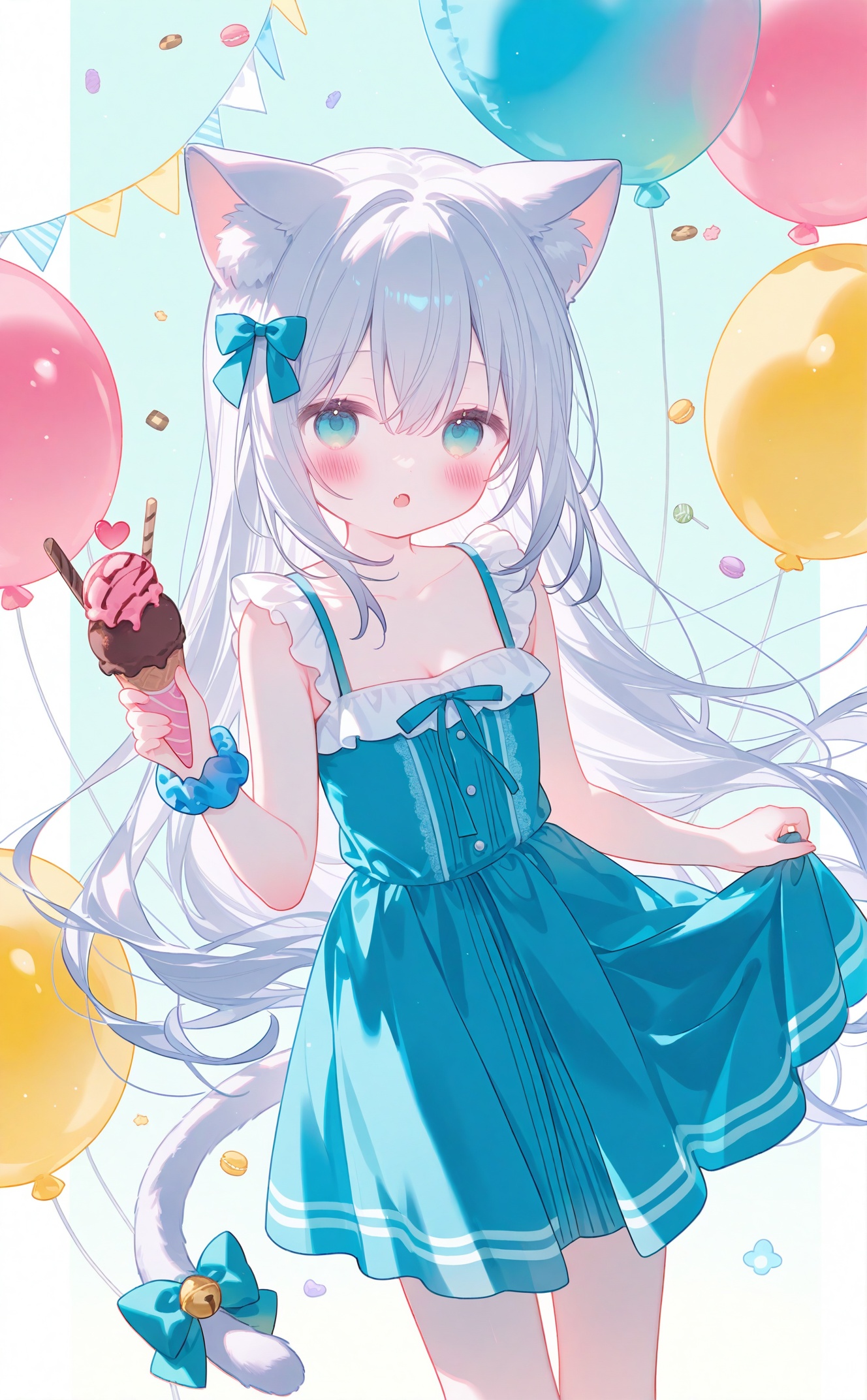 masterpiece,very aware,highres,absurdres,newest,best quality,loli,petite,high quality,chromatic_aberration,cinematic_angle,dutch angle,nyalia,//,umehara,konya666,//,1girl,animal ears,solo,tail,very long hair,food,dress,bow,bare shoulders,cat tail,string of flags,sleeveless dress,sleeveless,pennant,long hair,tail ornament,jingle bell,cat ears,grey hair,tail bow,hair between eyes,bell,:o,tail bell,cat girl,animal ear fluff,macaron,doughnut,hair bow,checkerboard cookie,cookie,swirl lollipop,candy,blue bow,collarbone,looking at viewer,skirt hold,small breasts,green background,breasts,green bow,blue eyes,blush,ice cream,lollipop,bare arms,ice cream cone,standing,open mouth,heart,green eyes,wrist scrunchie,scrunchie,green dress,fang,feet out of frame,wrist cuffs,balloon,white hair,candy wrapper,cleavage,blue scrunchie,pleated dress,blue dress,