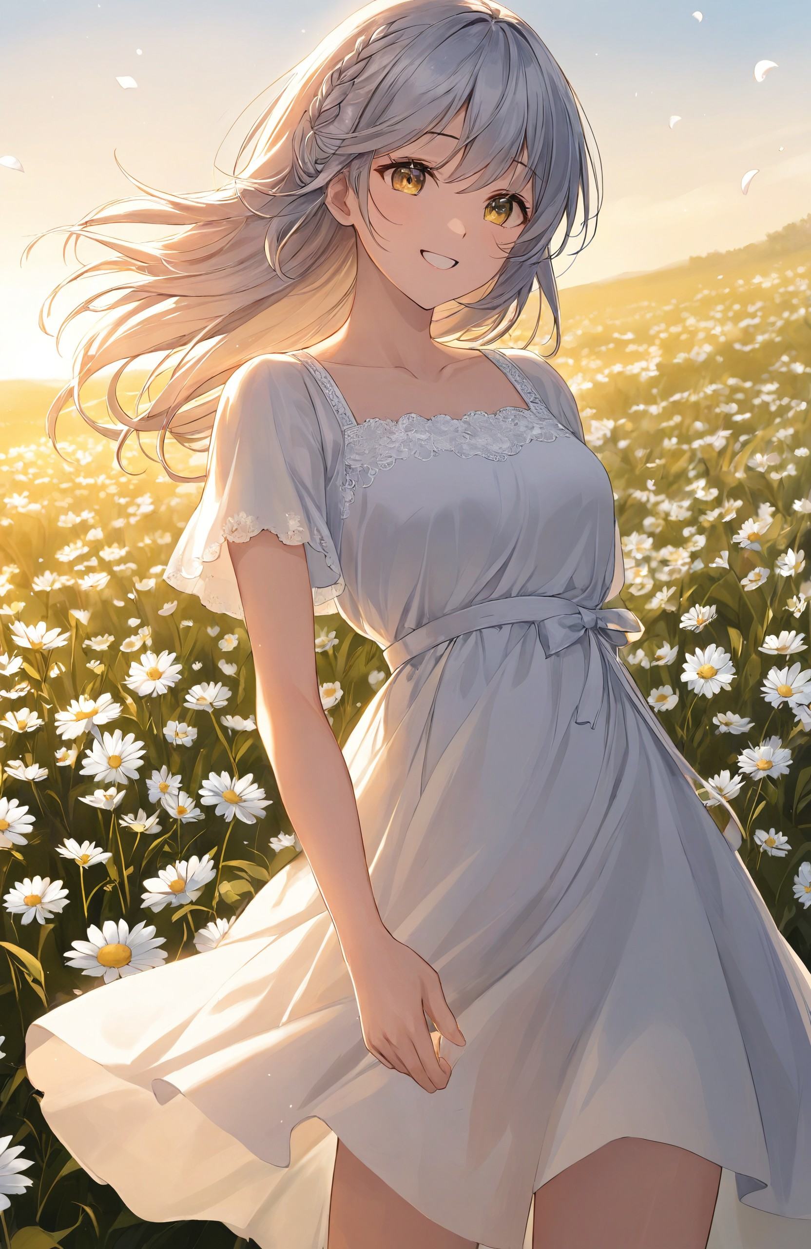 A girl with silver hair stands in a field of daisies, her dress gently flowing in the breeze. The scene is bathed in the golden light of the afternoon sun, with petals swirling around her as she smiles, lost in her thoughts. The mood is light, joyful, and full of innocent wonder.