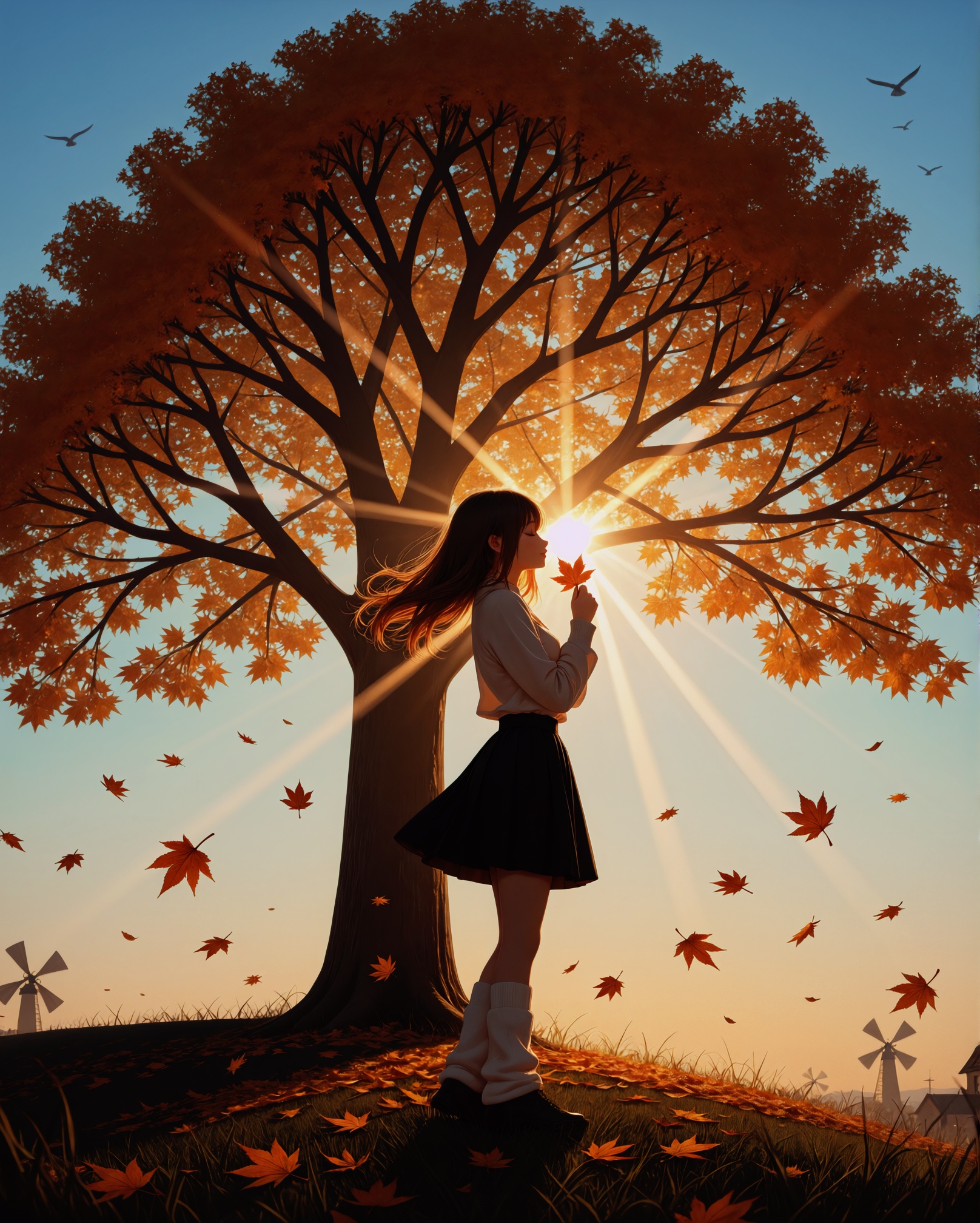 A serene silhouette of a young woman standing in front of a large tree during sunset,  holding a leaf in her hand. she is...