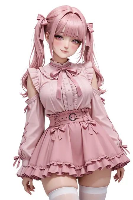 1girl,absurdres,blunt_bangs,blush,bow,closed_mouth,frilled_skirt,frills,full_body,hair_bow,hair_intakes,highres,jirai_kei,light_smile,long_hair,long_sleeves,mole,mole_under_mouth,neck_ribbon,pink_bow,pink_ribbon,pink_shoes,pink_skirt,ribbon,shirt,shoes,skirt,sleeveless,sleeveless_shirt,thighhighs,twintails,usausausabarasi,white_thighhighs