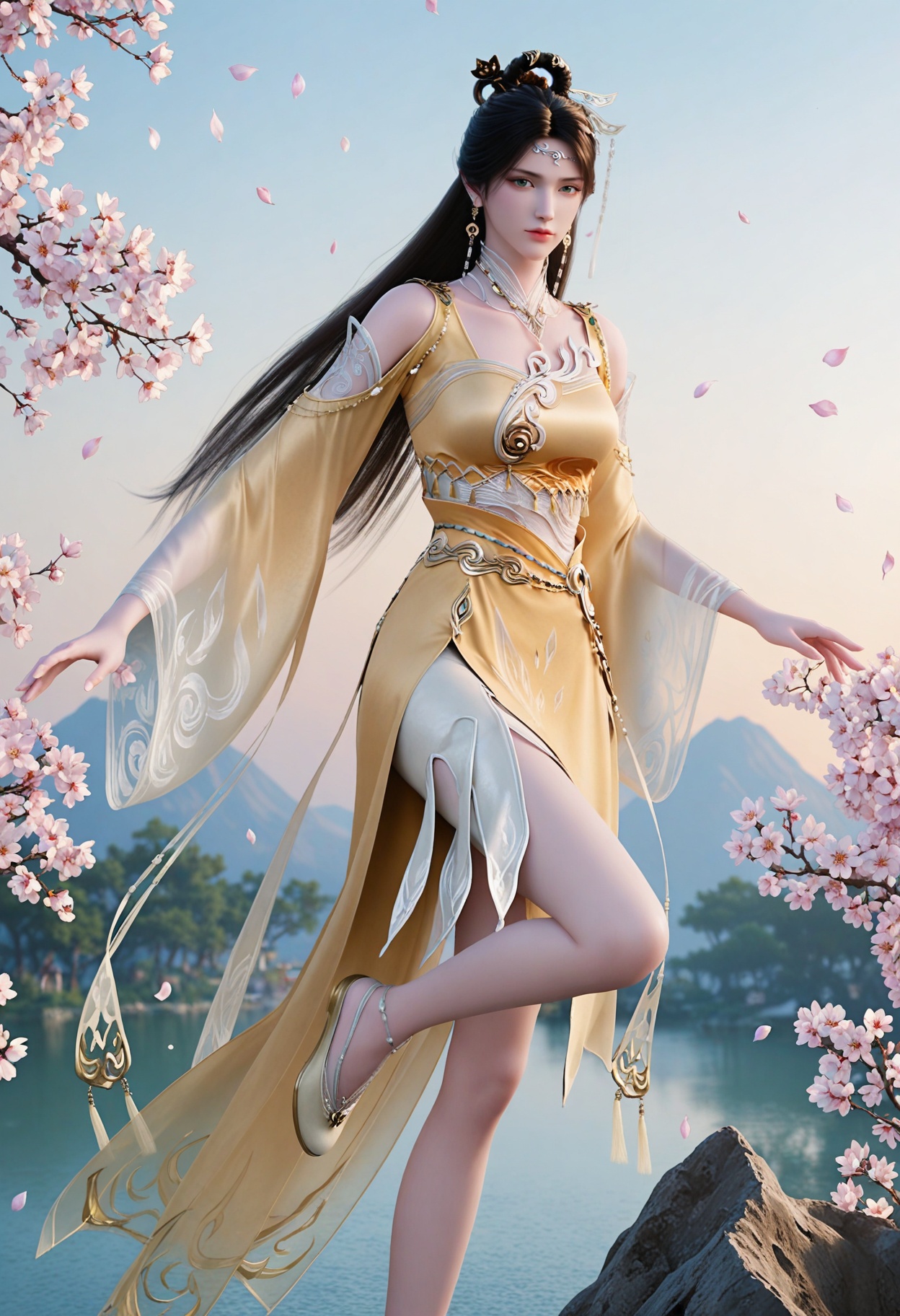 (upper_body:1.1),looking_at_viewer,fantasy,dreamlike,Pastel Colors,hyper realistic,southeast asia,aestheticism,beautiful detailed sky,chinese mythology,wonderland,peach blossom,falling petals,smog,yunxia,dynamic pose,<lora:YQ_li光辉v5_金瓶儿_V1:0.8>,1girl,solo,q1528437228,long_hair,jewelry,earrings,hair_ornament,dress,black_hair,realistic,chinese_clothes,yellow_dress,green_eyes,brown_hair,hair_bun,necklace,single_hair_bun,bare_legs,feet,hair_rings,
