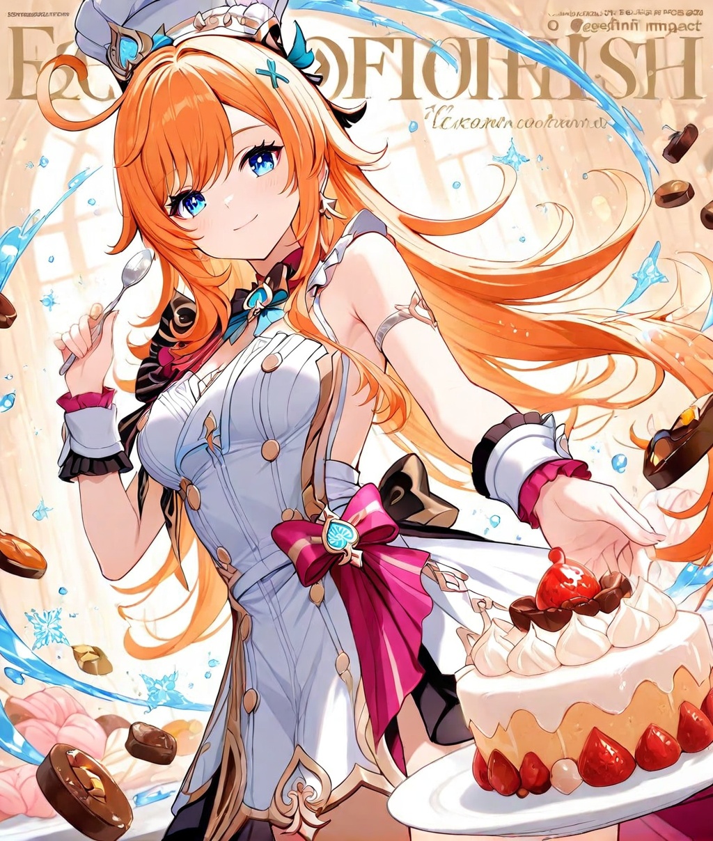 escoffier \(genshin impact\),O,ultra detailed anime texture,1girl, chef hat, hat, food, blue eyes, long hair, solo, orange hair, breasts, cake, smile, holding, looking at viewer, blonde hair, white headwear, wrist cuffs, bangs, dress, bow, medium breasts, bare shoulders, plate, ahoge, cleavage, holding plate, closed mouth, white dress,escoffier \(genshin impact\),Depth of field,extreme aesthetics,masterpiece,best quality,ultra high definition,32K resolution,sharp focus,exquisite details,high-end texture,fashion photography,film perspective,rich colors,color palette,advertising style,tension composition,emotional masterpiece,mild atmosphere,latest,dynamic Dutch angle,perspective composition,magazine cover,cover,