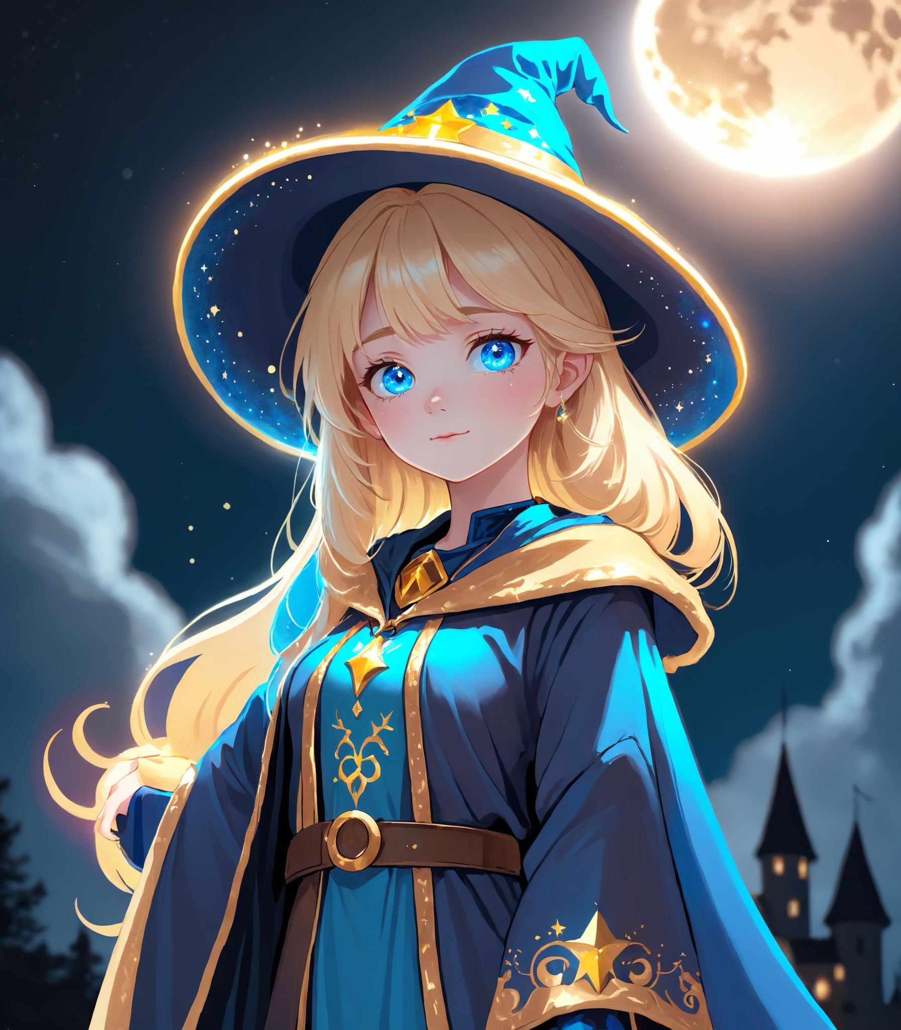 A photo of a blonde,  blue-eyed cute Wizard girl standing on a moonlit night. A colorful,  sparkling halo appears and colo...