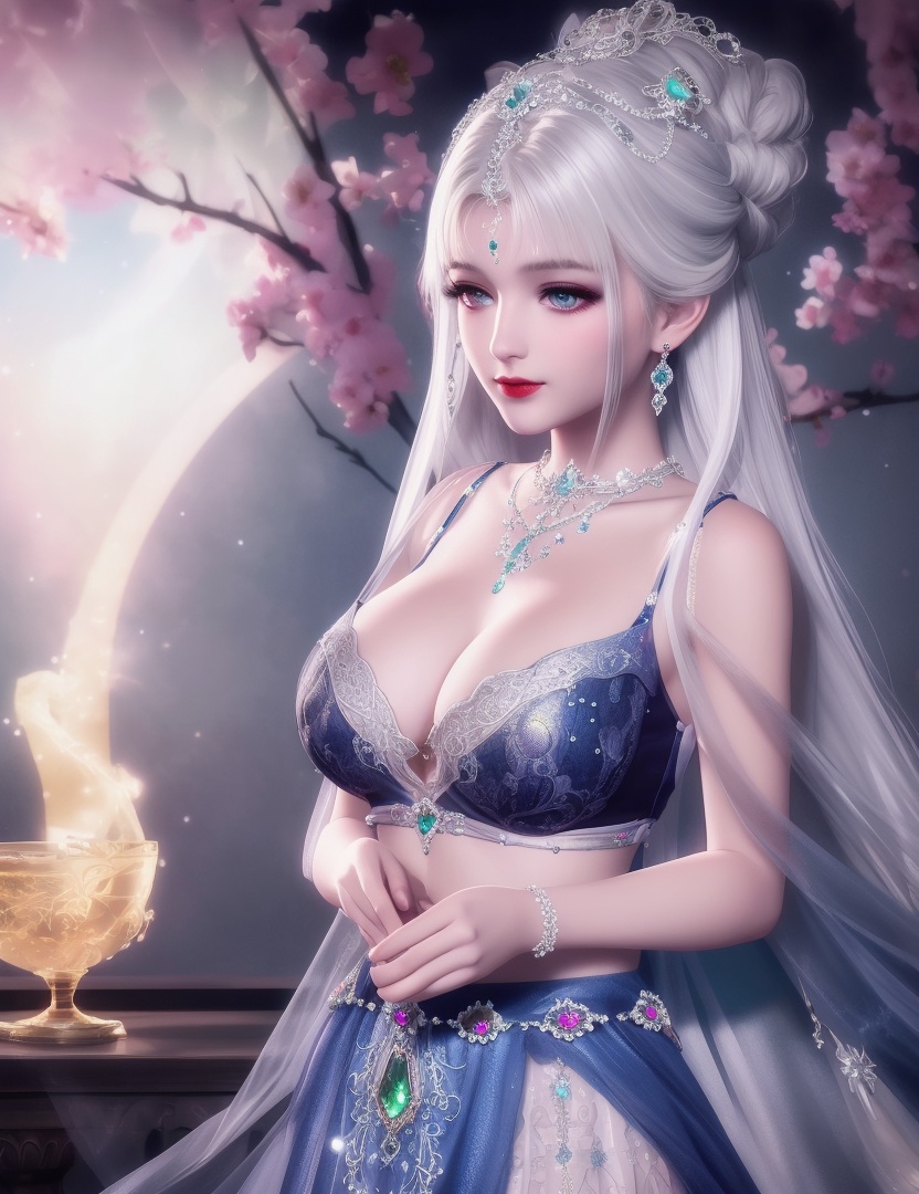 ultra realistic 8k cg, picture-perfect face, flawless, clean, masterpiece, professional artwork, famous artwork, cinematic lighting, cinematic bloom, perfect face, beautiful face, fantasy, dreamlike, unreal, science fiction, huge breasts, beautiful clothes, lace, lace trim, lace-trimmed legwear, (rich:1.4), prestige, luxury, jewelry, diamond, gold, pearl, gem, sapphire, ruby, emerald, intricate detail, delicate pattern, charming, alluring, seductive, erotic, enchanting, hair ornament, necklace, earrings, bracelet, armlet,halo ((,1girl:1.5,   solo, ))<lora:DA_NikkiChangEr2.0:0.6>