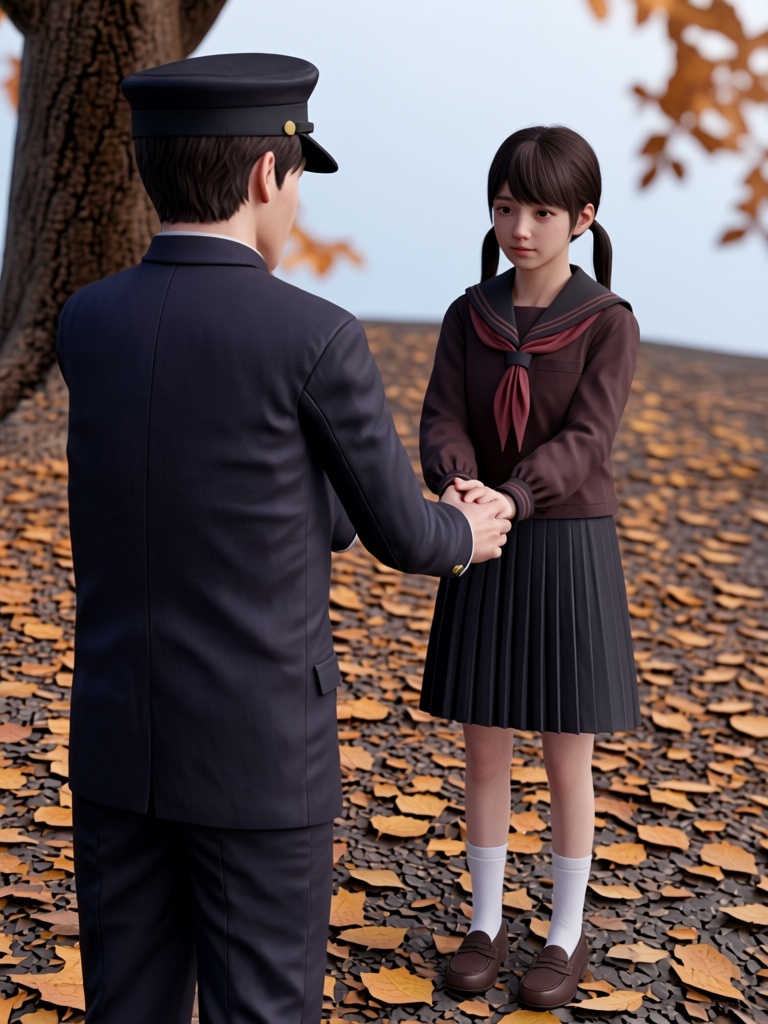 In this 3D-style scene,  a tall male student and a petite schoolgirl stand outdoors on a bed of dry autumn leaves near a l...