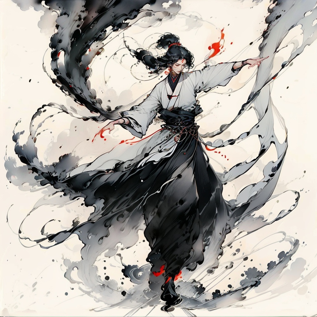 shuimo,<lora:**_v1.0:0.8>,dancers,ni shang yu yi,dancing gracefully,soft and graceful posture,peace prayer,colorful fusion ink wash,lingering light of the setting sun,light footwork,surrounding composition,capturing the beauty of dancing in a panoramic view,
