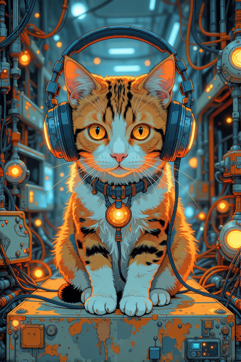 a cat with headphones on sitting on a box,  YFGFutureBlue style on Tensor.Art