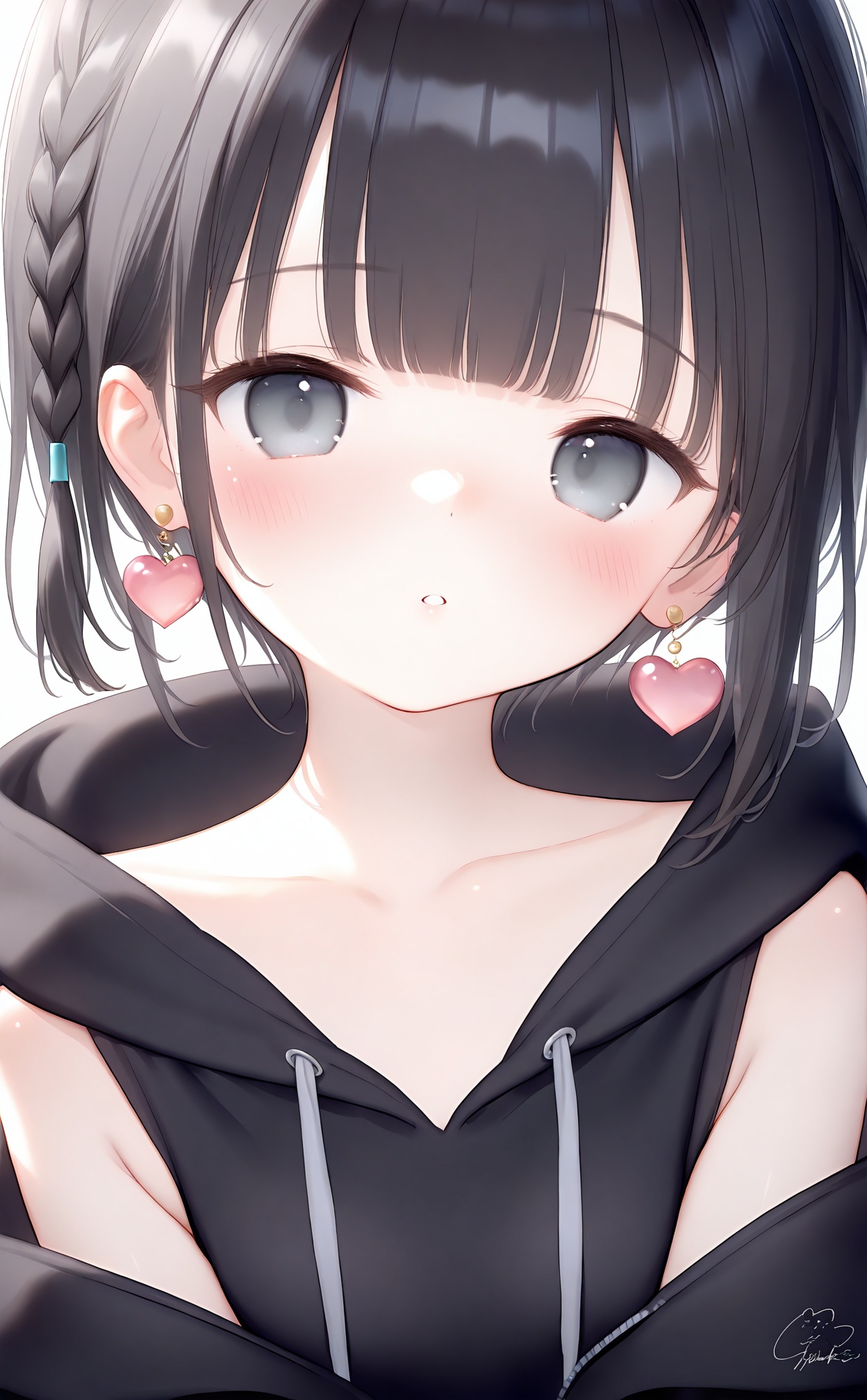 masterpiece,very aware,highres,absurdres,newest,best quality,high quality,loli,petite,chromatic_aberration,//,(loli),1girl,solo,jewelry,earrings,simple background,black hair,heart earrings,looking at viewer,white background,braid,collarbone,hood,parted lips,short hair,black eyes,blush,black hoodie,upper body,hoodie,sidelocks,heart,hood down,black jacket,jacket,grey eyes,blunt bangs,signature,bare shoulders,//,year_2023,year_2024,<lora:loli Style——【noob】hans:1>,