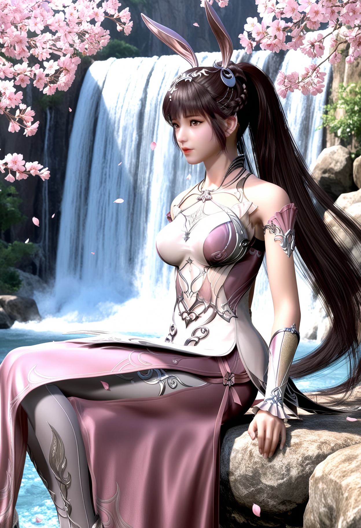 masterpiece,best quality,amazing quality,high resolution,ultra-detailed,absurdres,(looking at viewer:1.1),(moody lighting:1.1),waterfall,peach blossom,falling petals BREAK large breasts,xiaowu,1girl,solo,brown hair,long hair,brown eyes,dress,rabbit ears,ponytail,hair ornament,pink dress,metal collar,necklace,realistic,bare shoulders,jewelry,collar,high heels BREAK photorealistic details,<lora:QQSillxiaowuV1:0.8>,