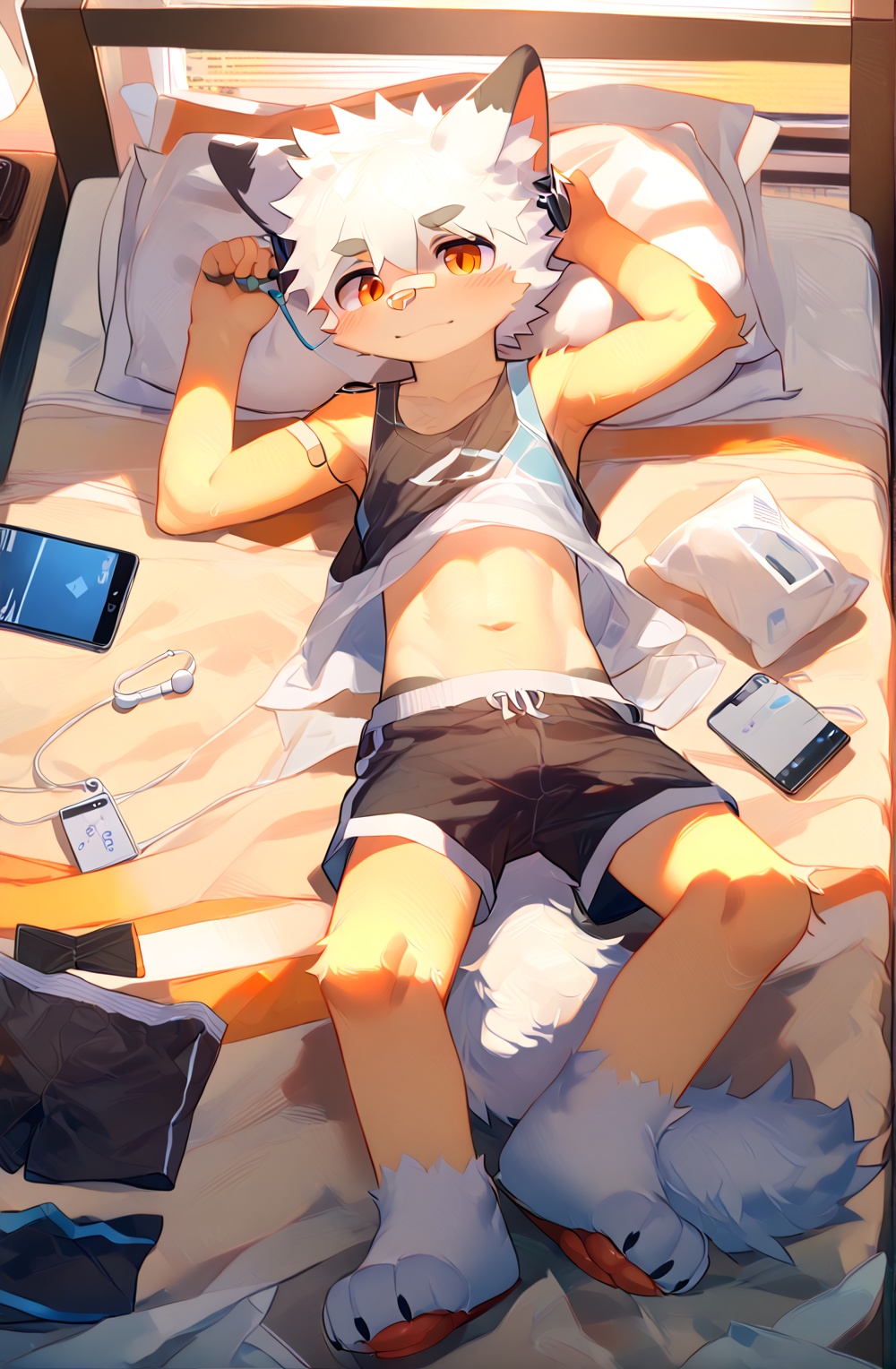 furry, male focus, 1boy, furry male, solo, lying, white fur, bandaid on nose, on back, animal ears, shorts, blush, pillow, bandaid on face, earphones, phone, navel, orange eyes, armpits, male child, on bed, **** top, tail, bandaid, black shorts, short hair, shirt